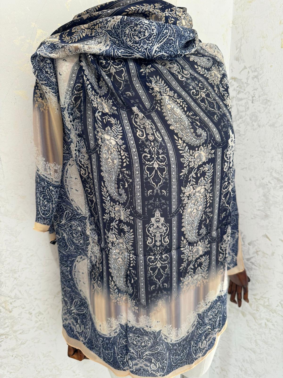 Etro Marka Yeni Sezon İthal Etnik Desen Vual İpek Şal - Gece Mavisi - Görsel 2