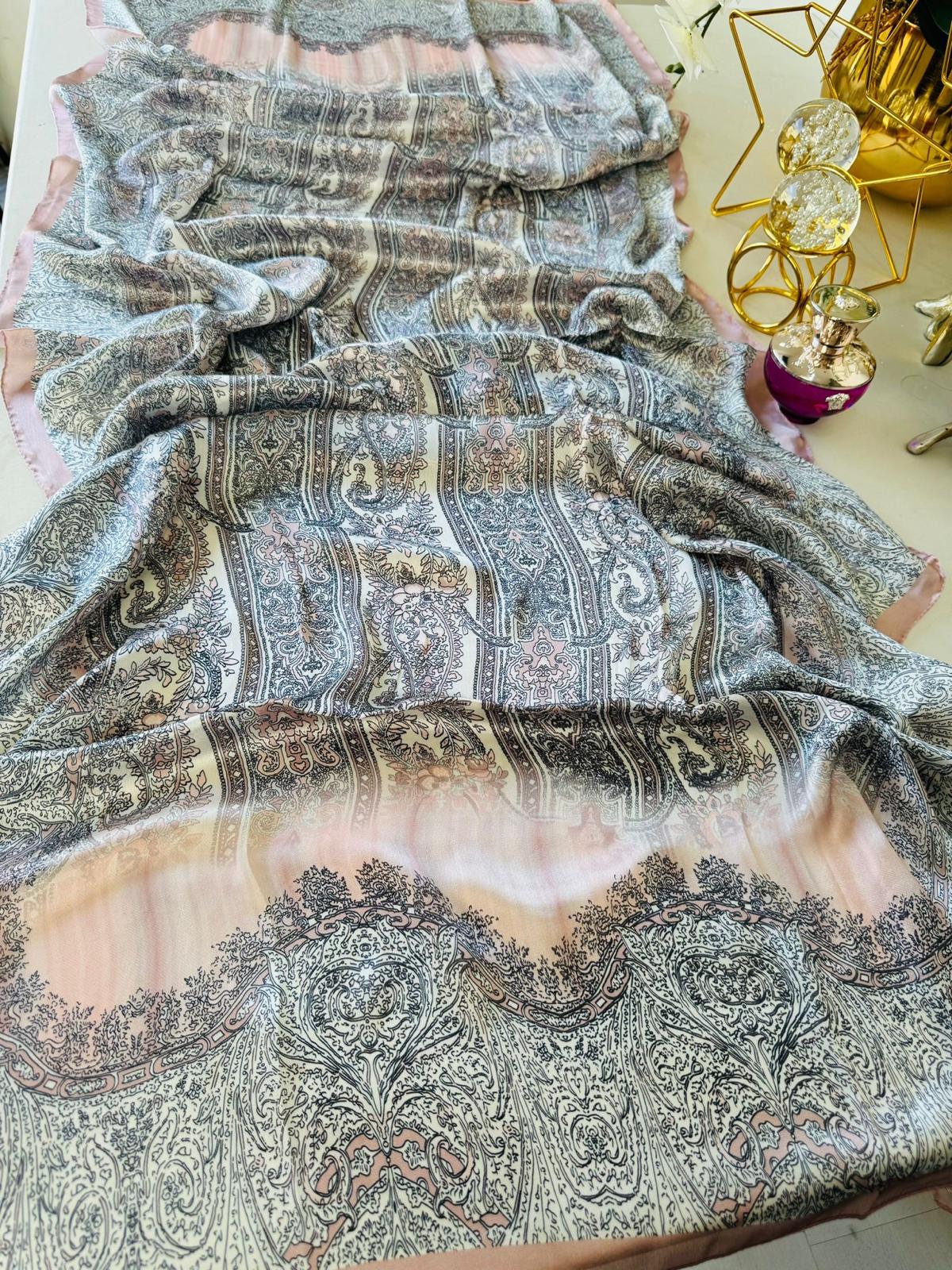 Etro Marka Yeni Sezon İthal Etnik Desen Vual İpek Şal - Pudra - Görsel 2