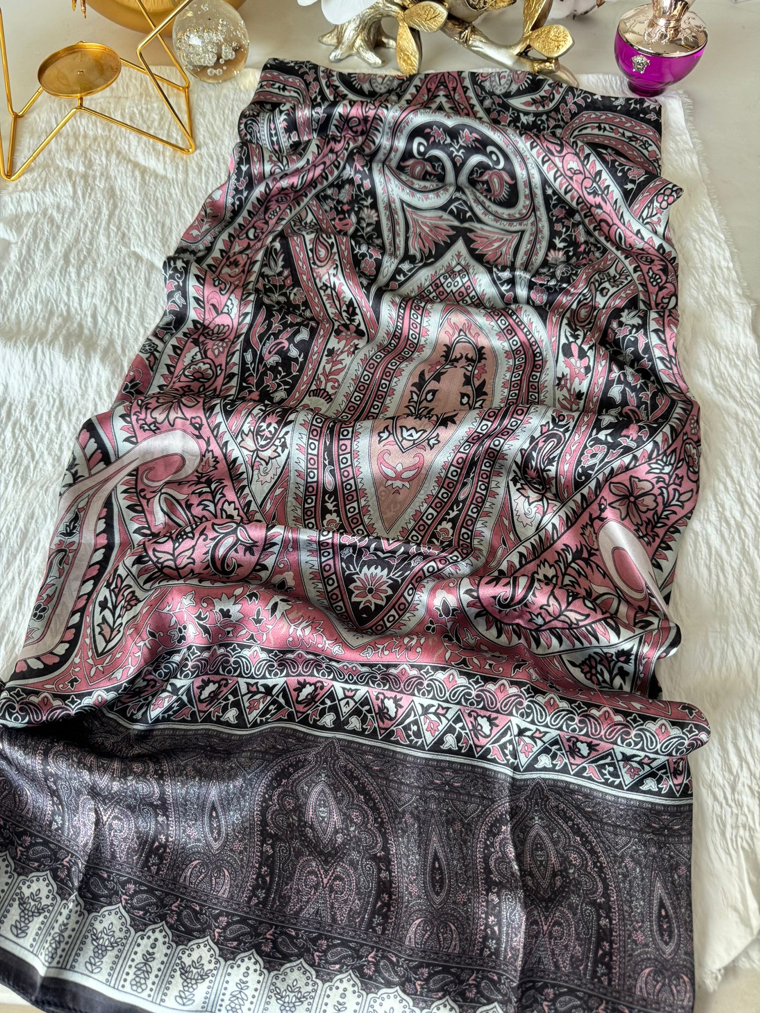 Etro Marka İthal Etnik Desen Vual İpek Şal - Pudra