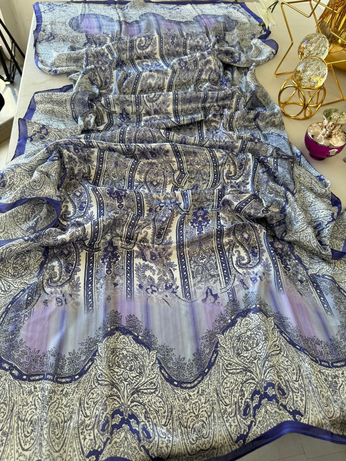 Etro Marka Yeni Sezon İthal Etnik Desen Vual İpek Şal - Saks