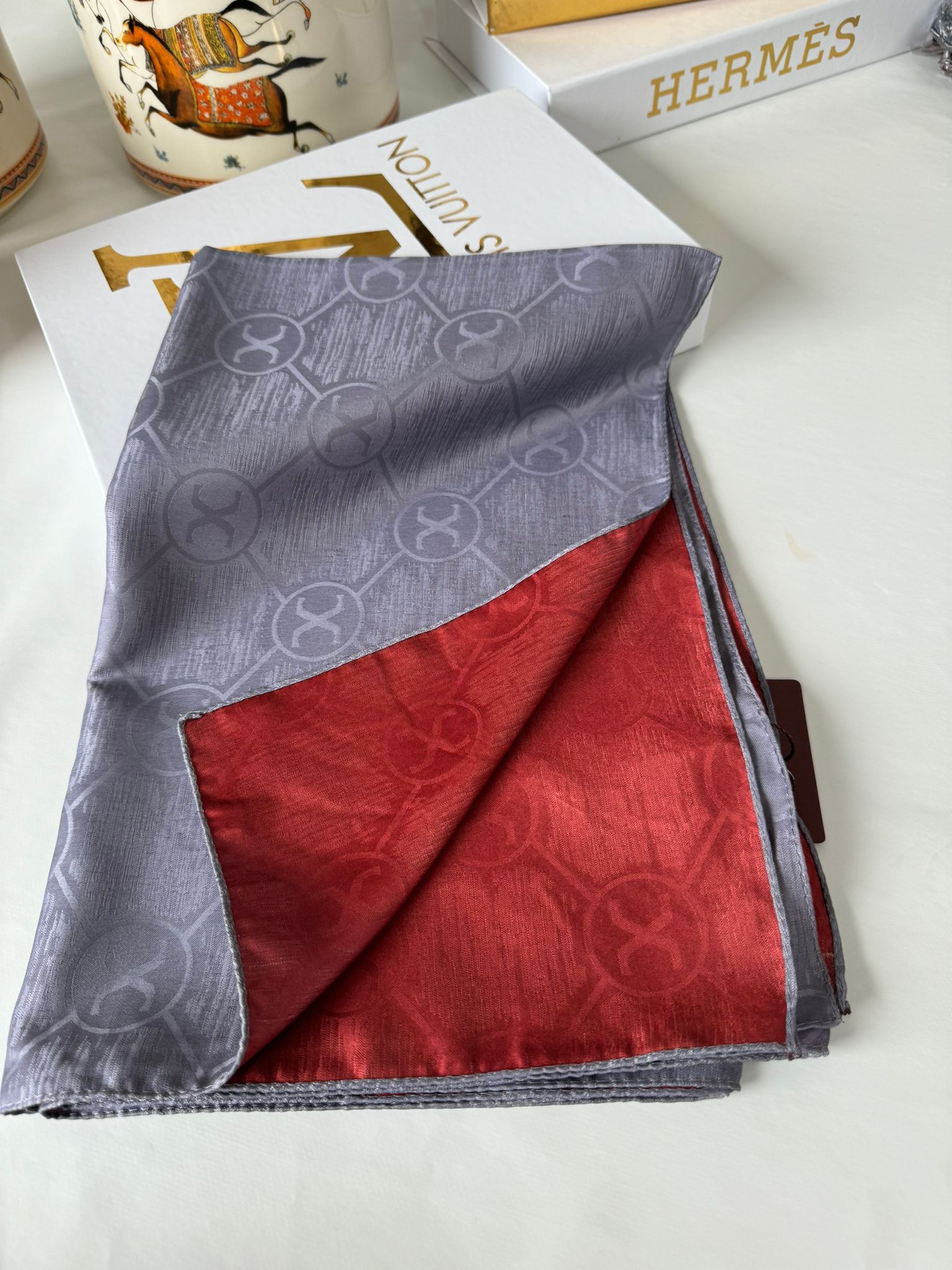 İthal Çift Taraflı İpek Şal - Gri/Bordo