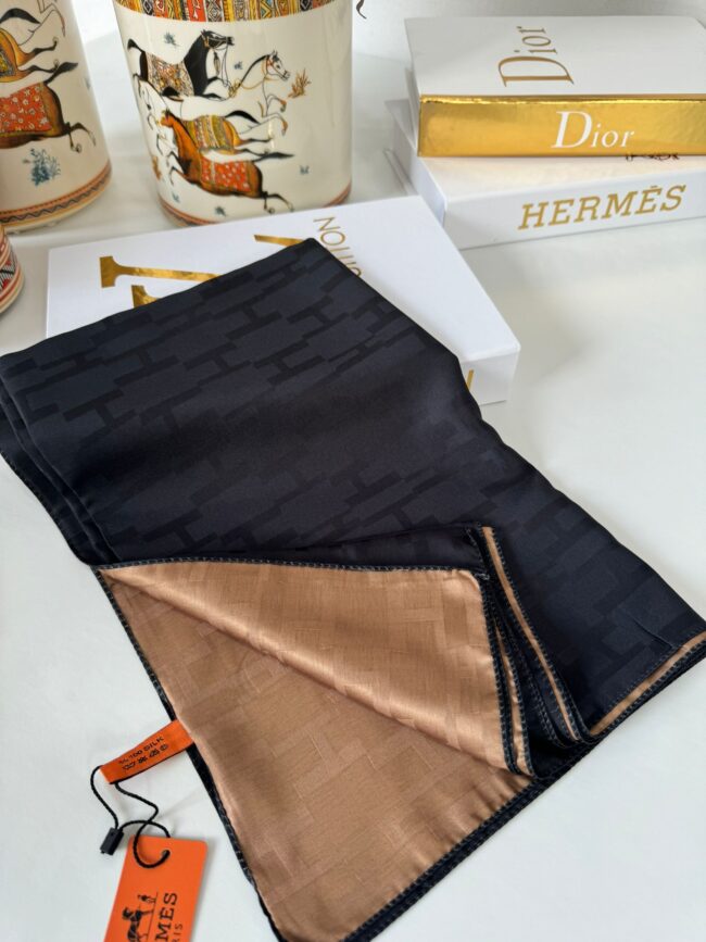 İthal Hermes Çift Taraflı İpek Şal - Siyah/Camel