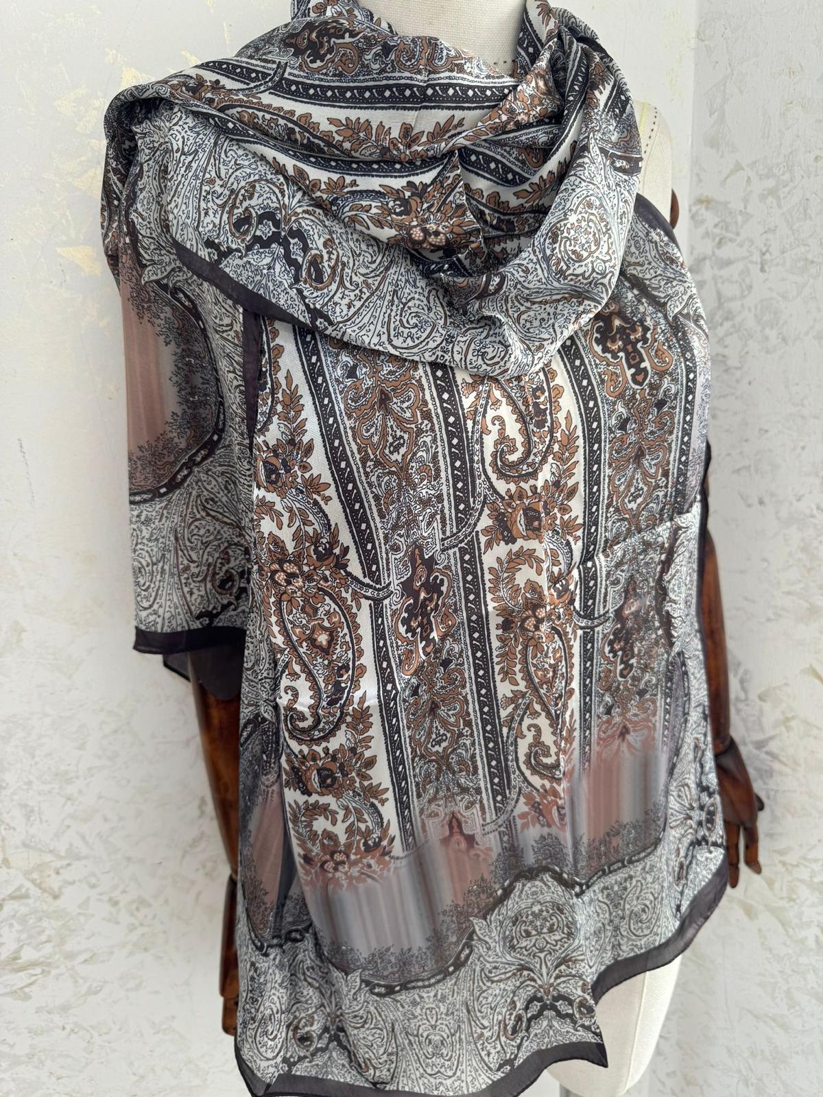 Etro Marka Yeni Sezon İthal Etnik Desen Vual İpek Şal - Siyah