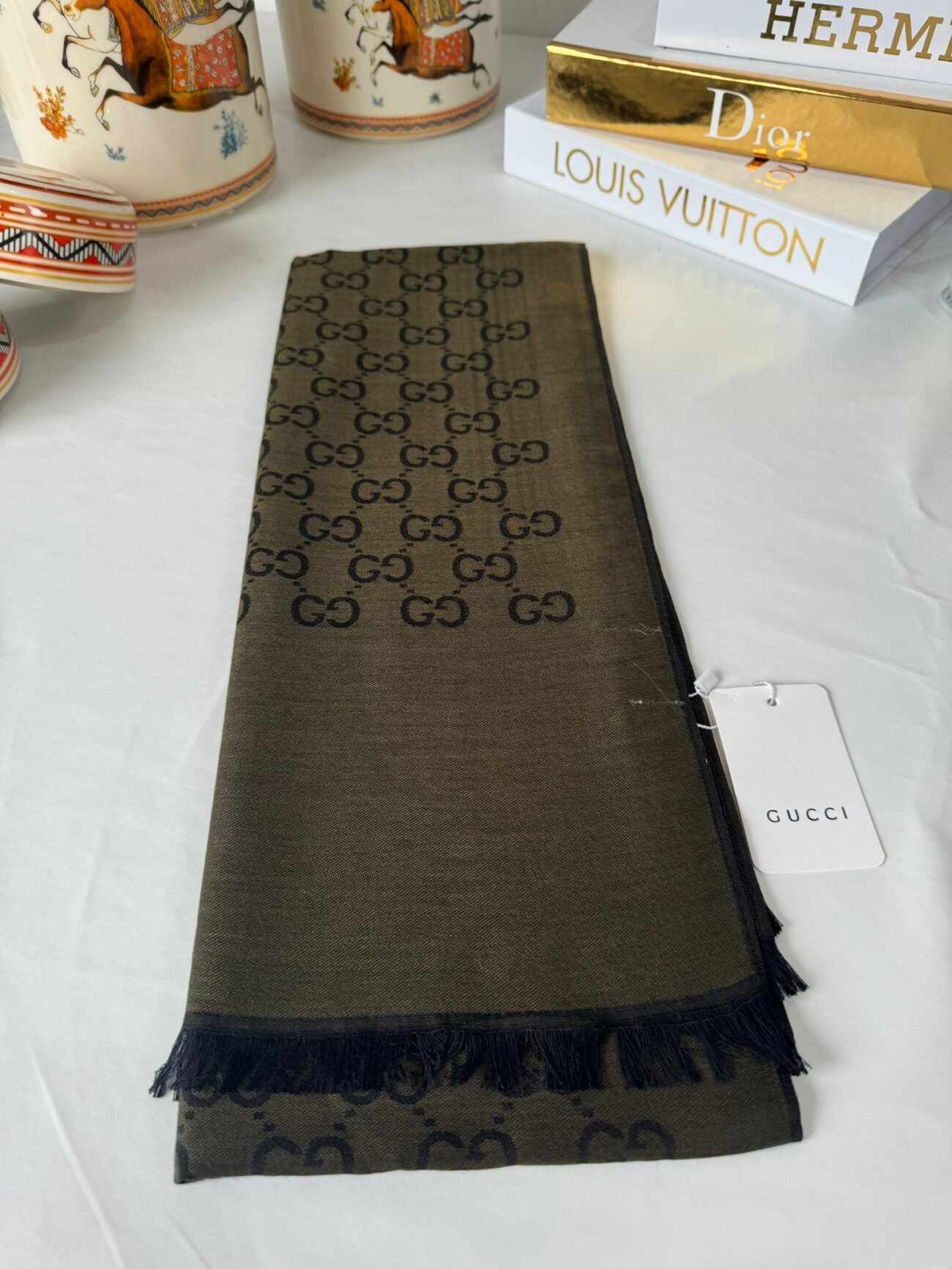 Gucci İthal Çift Taraflı Pamuk Yün İpek - Haki - Görsel 3