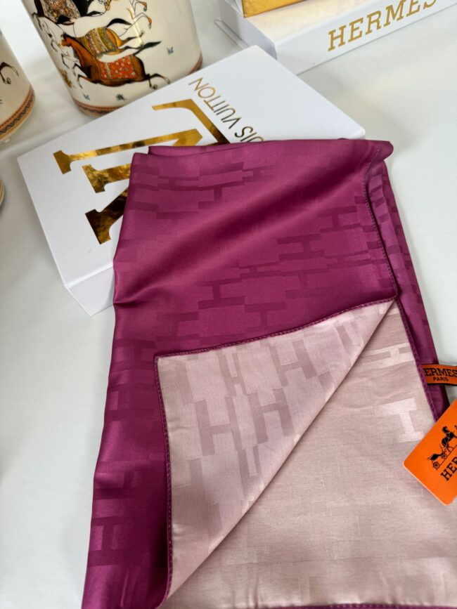 İthal Hermes Çift Taraflı İpek Şal - Mürdüm/Pudra