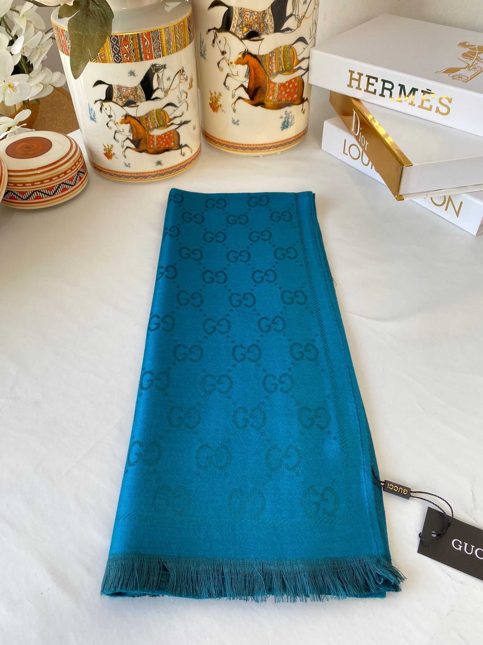 İthal Gucci Çift Taraflı Pamuk Yün İpek Şal 544330 - Petrol - Görsel 2