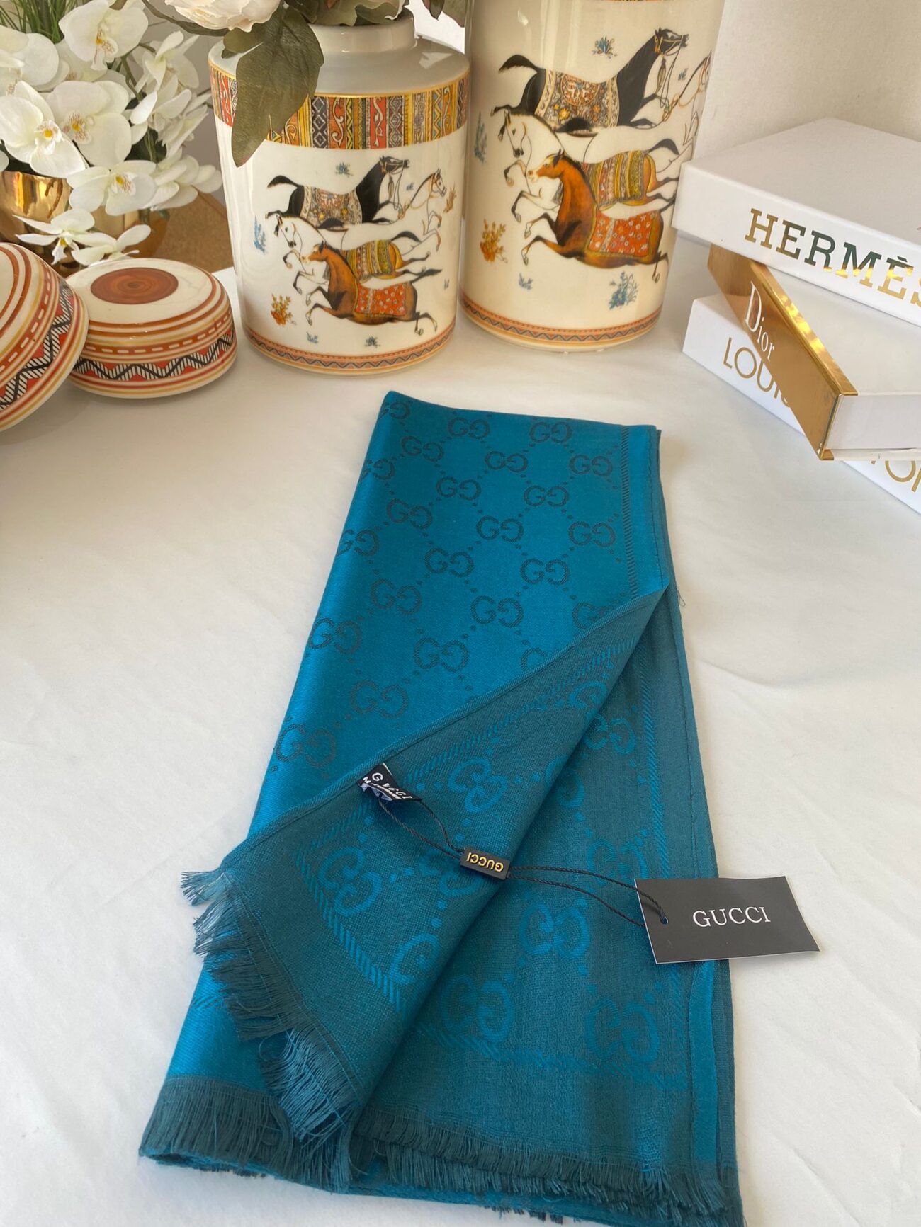 İthal Gucci Çift Taraflı Pamuk Yün İpek Şal 544330 - Petrol