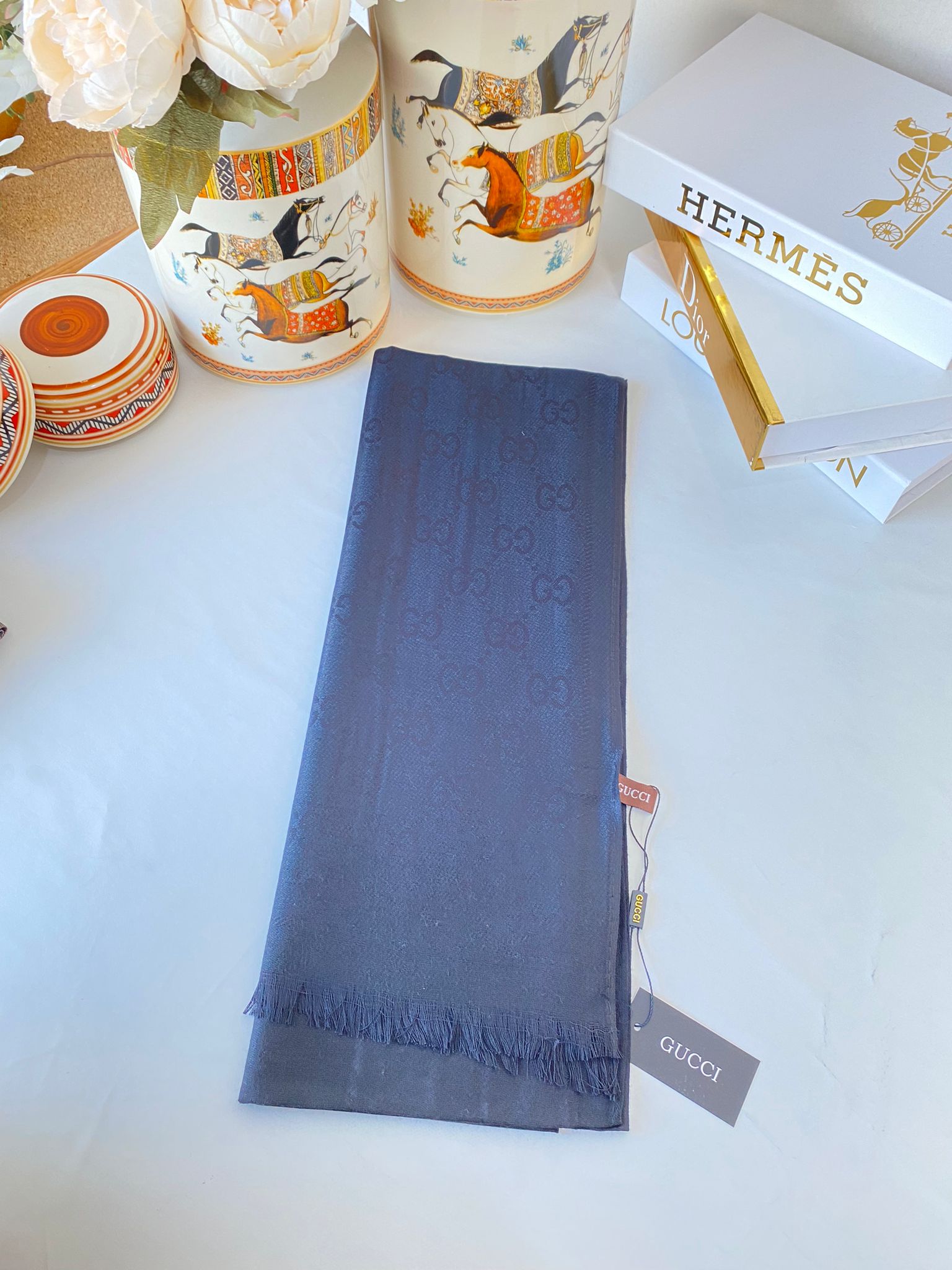 İthal Gucci Çift Taraflı Pamuk Yün İpek Şal 544330 - İndigo