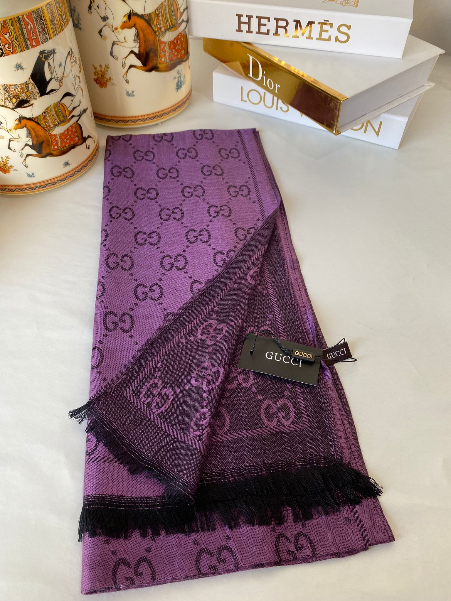 İthal Gucci Çift Taraflı Pamuk Yün İpek Şal 544330 - Mürdüm