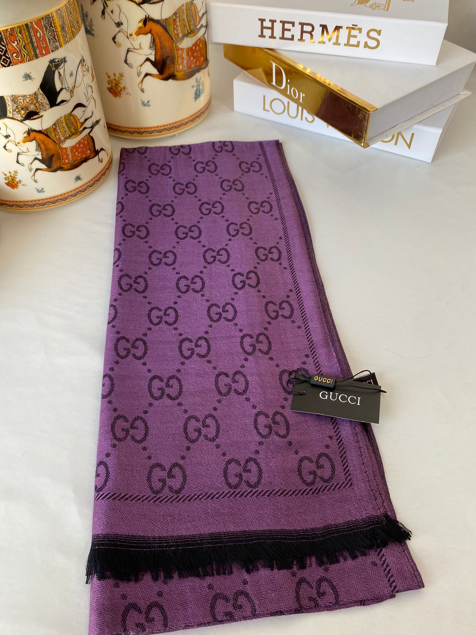 İthal Gucci Çift Taraflı Pamuk Yün İpek Şal 544330 - Mürdüm - Görsel 2