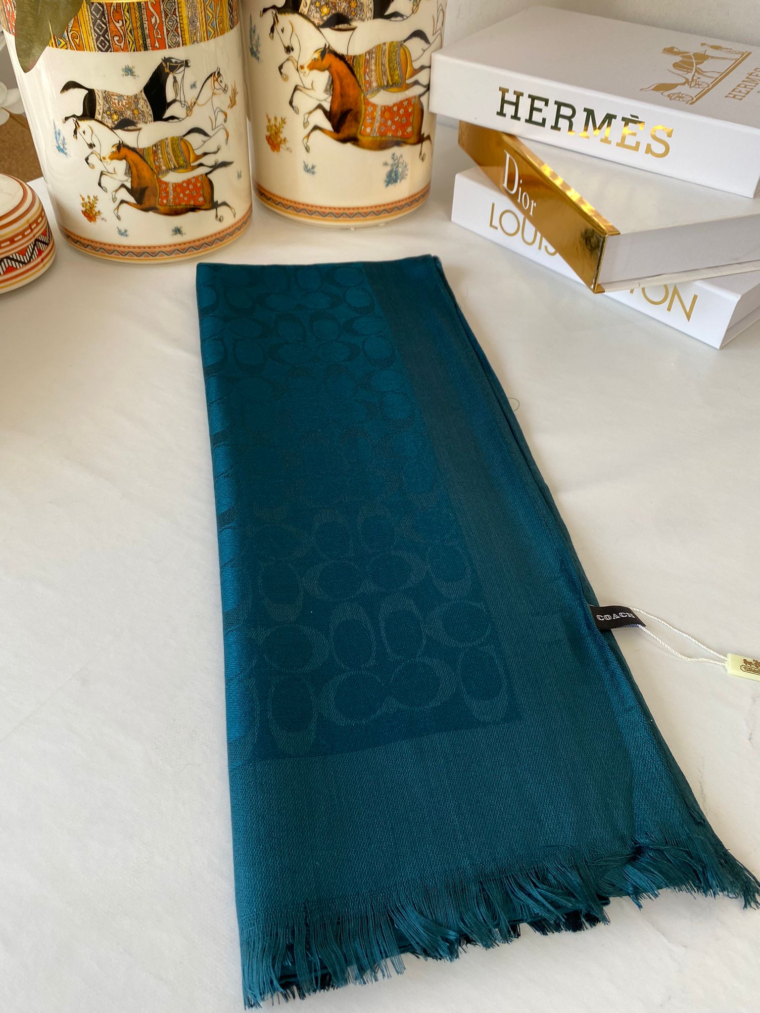 İthal Coach Çift Taraflı Pamuk Yün Şal 544381 - Petrol - Görsel 2