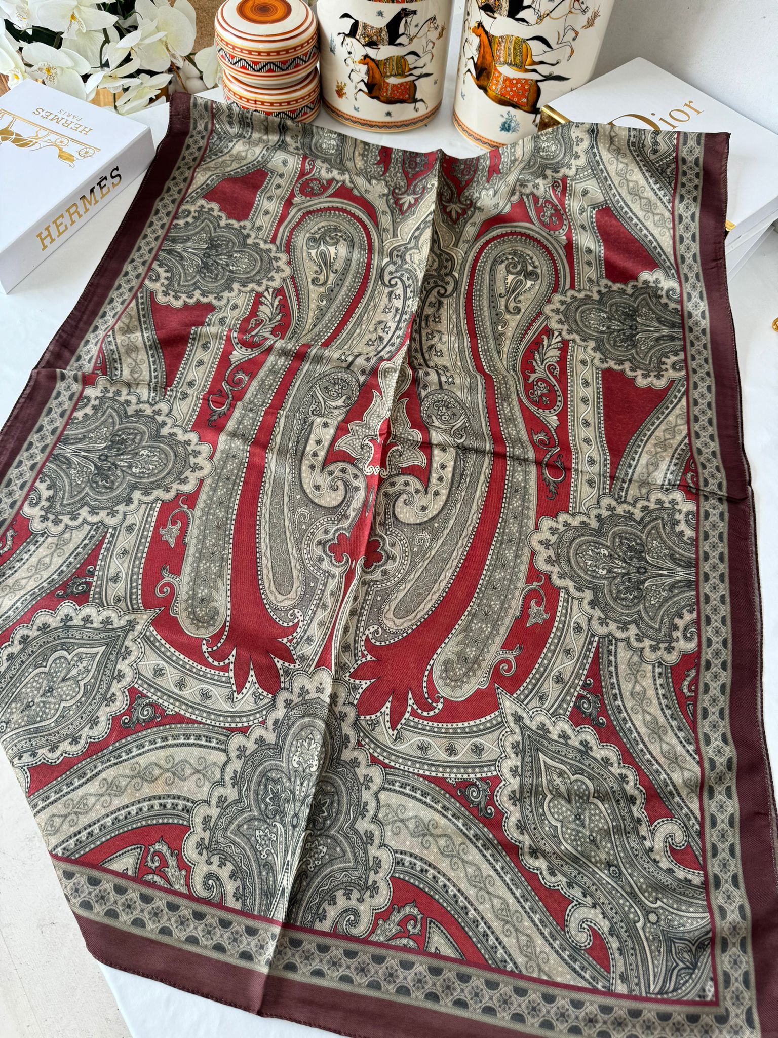 Etro Pamuk İpek Şal -987654 BORDO/VİZON - Görsel 3