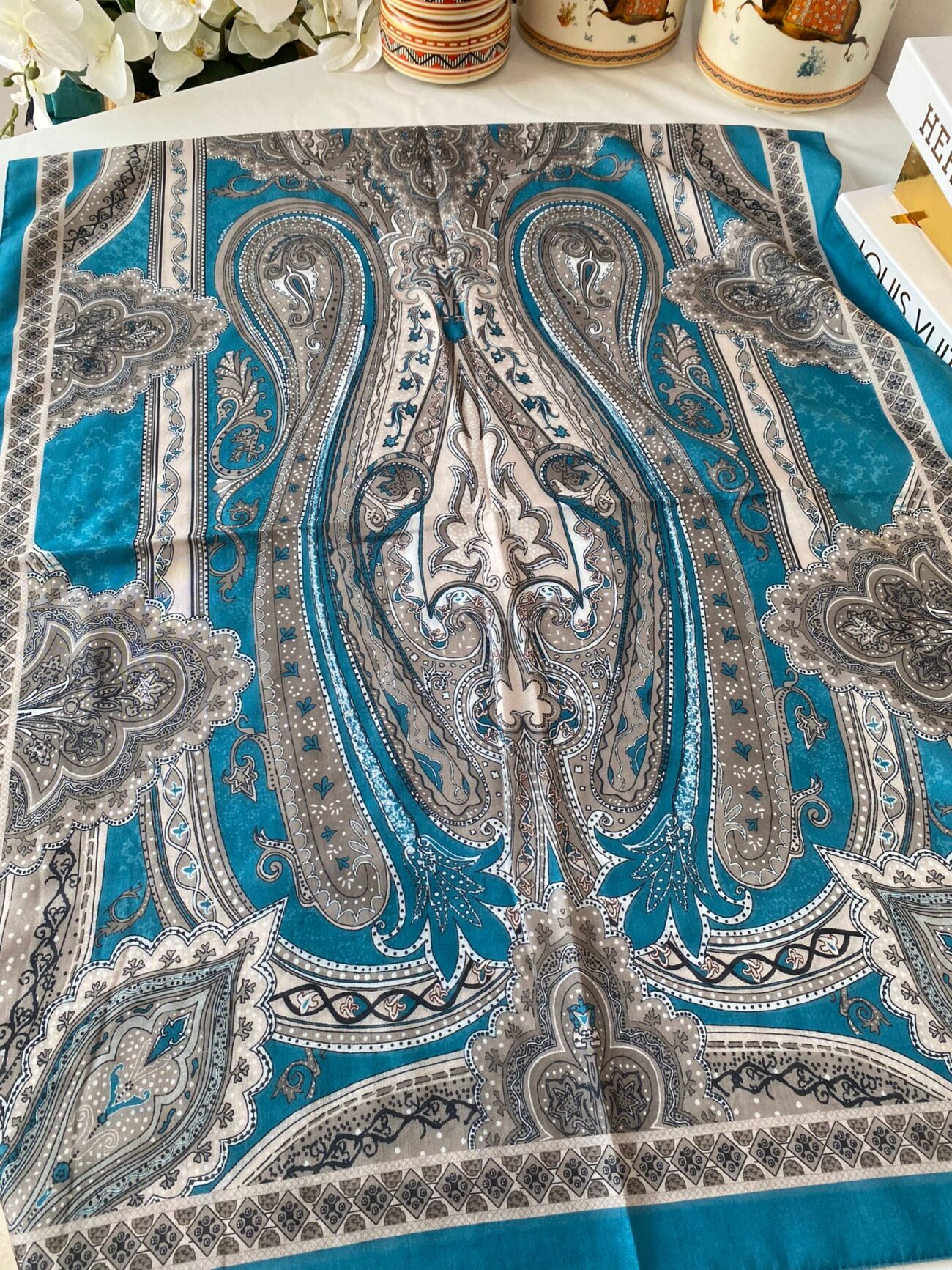 Etnik desen pamuk soft şal-321654 PETROL MAVİ/KAHVE