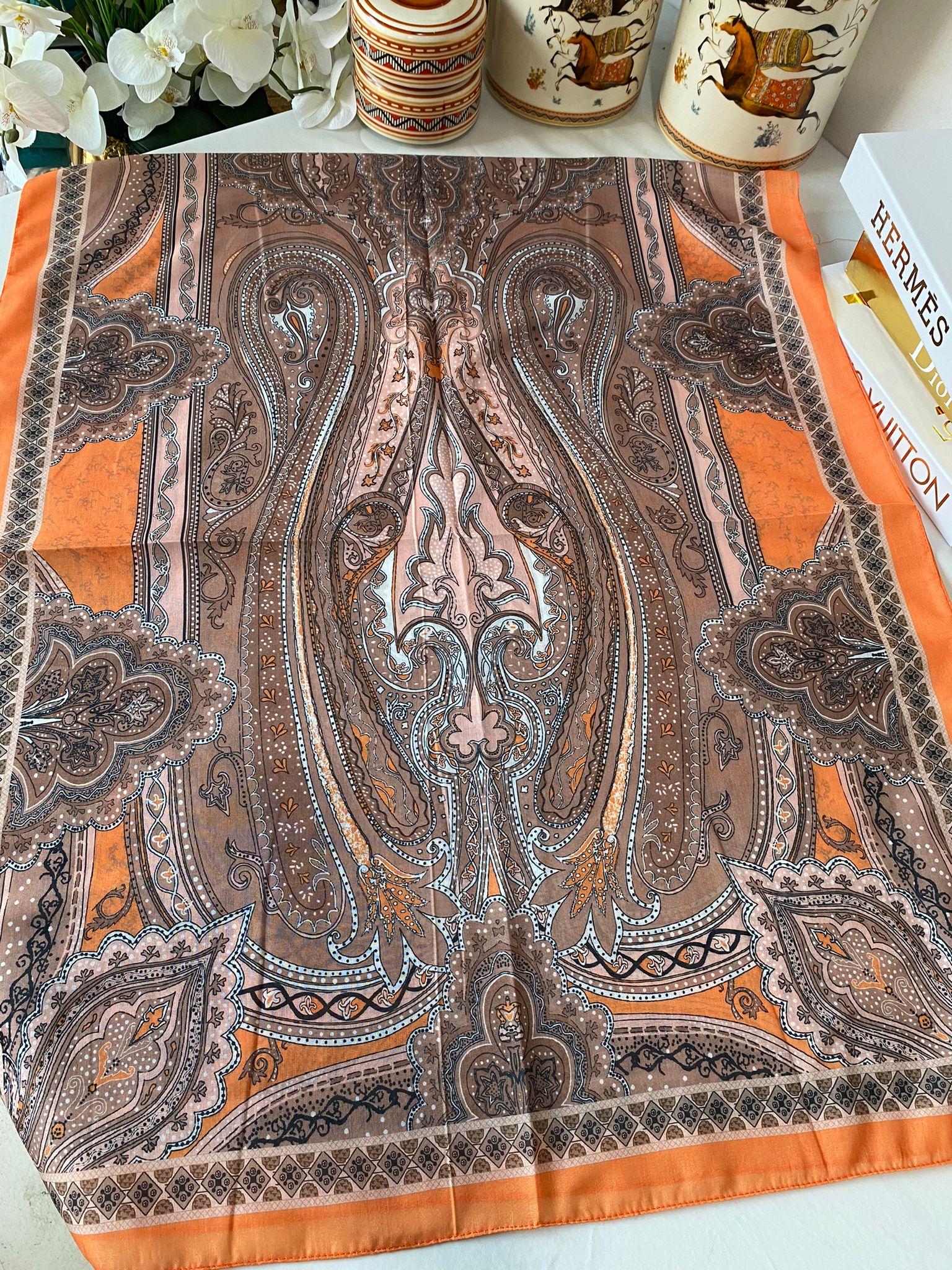 Etnik desen pamuk soft şal-321654 KAHVE/TURUNCU