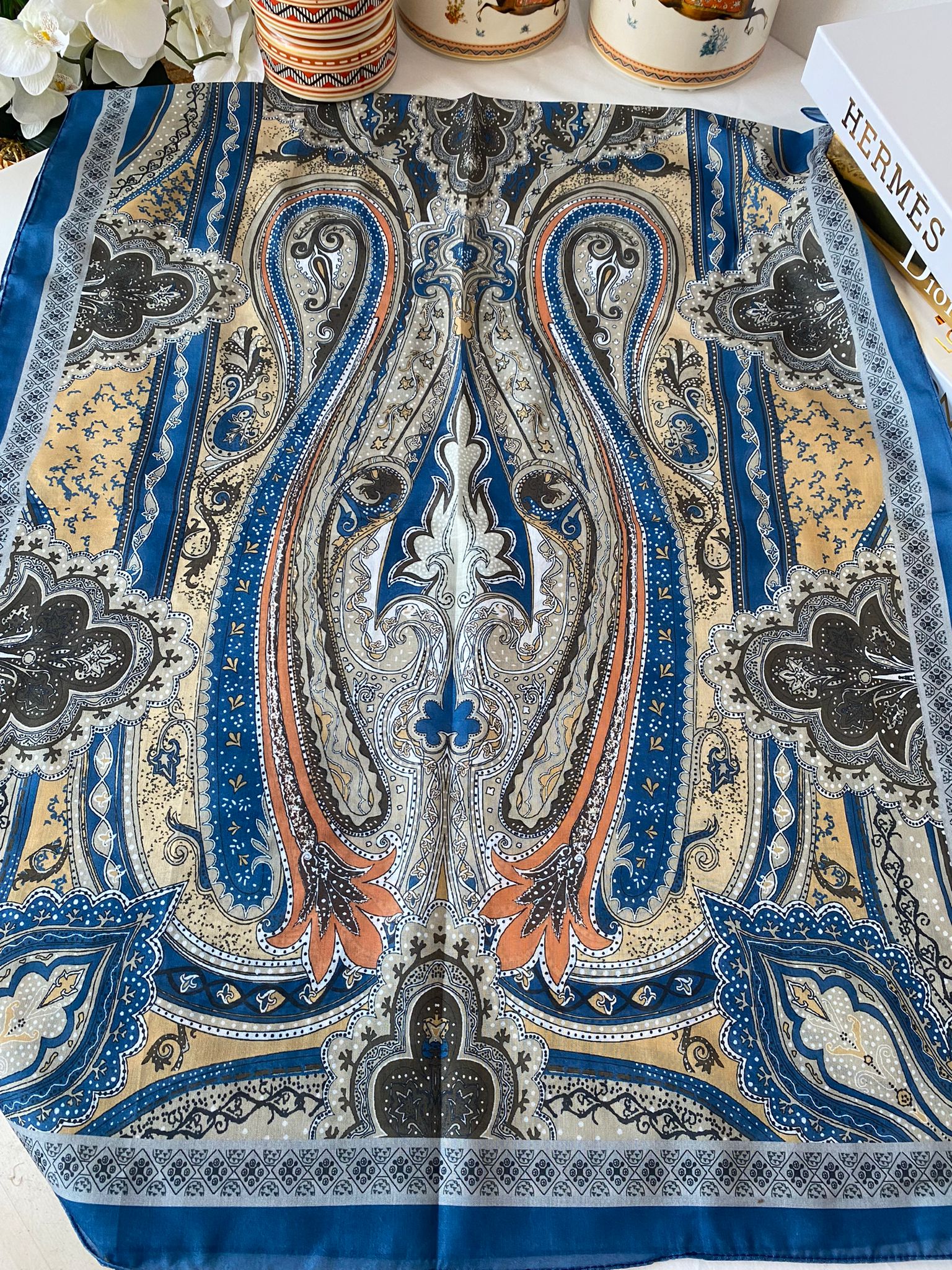 Etnik desen pamuk soft şal-321654  LACİVERT/KREM