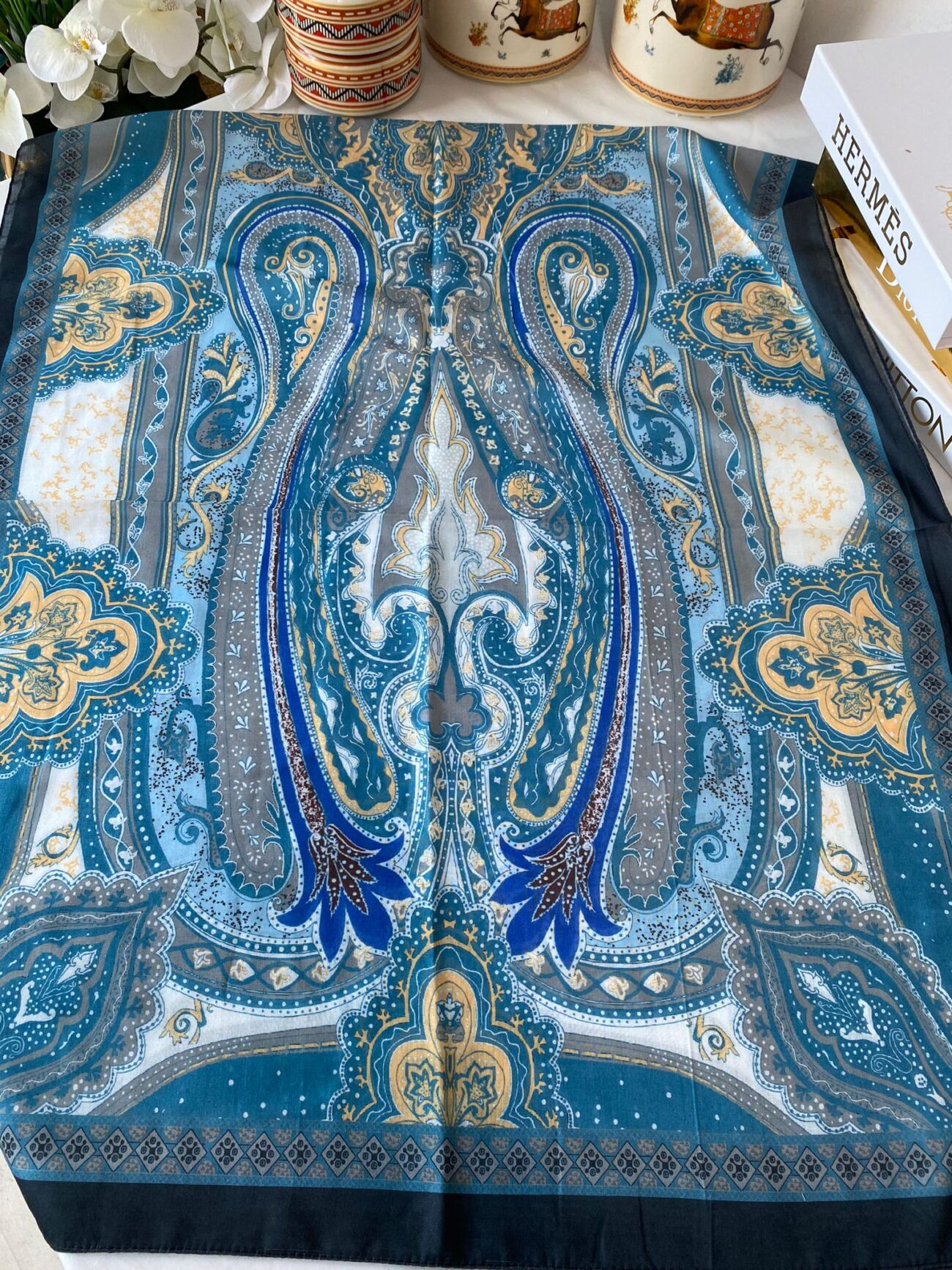 Etnik desen pamuk soft şal-321654 PETROL MAVİ/BEYAZ