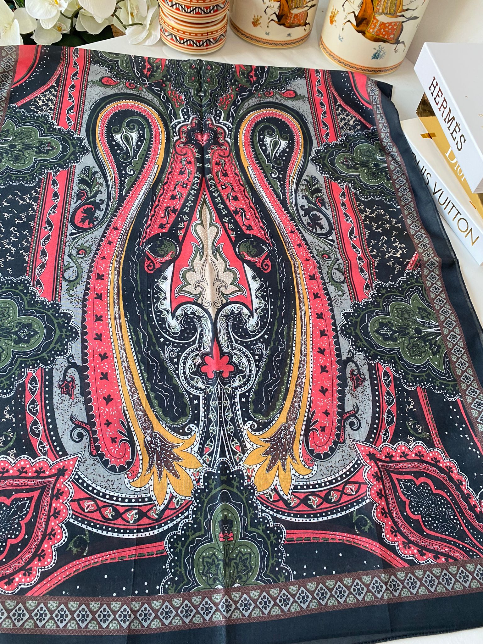 Etnik desen pamuk soft şal-321654 SİYAH/PEMBE