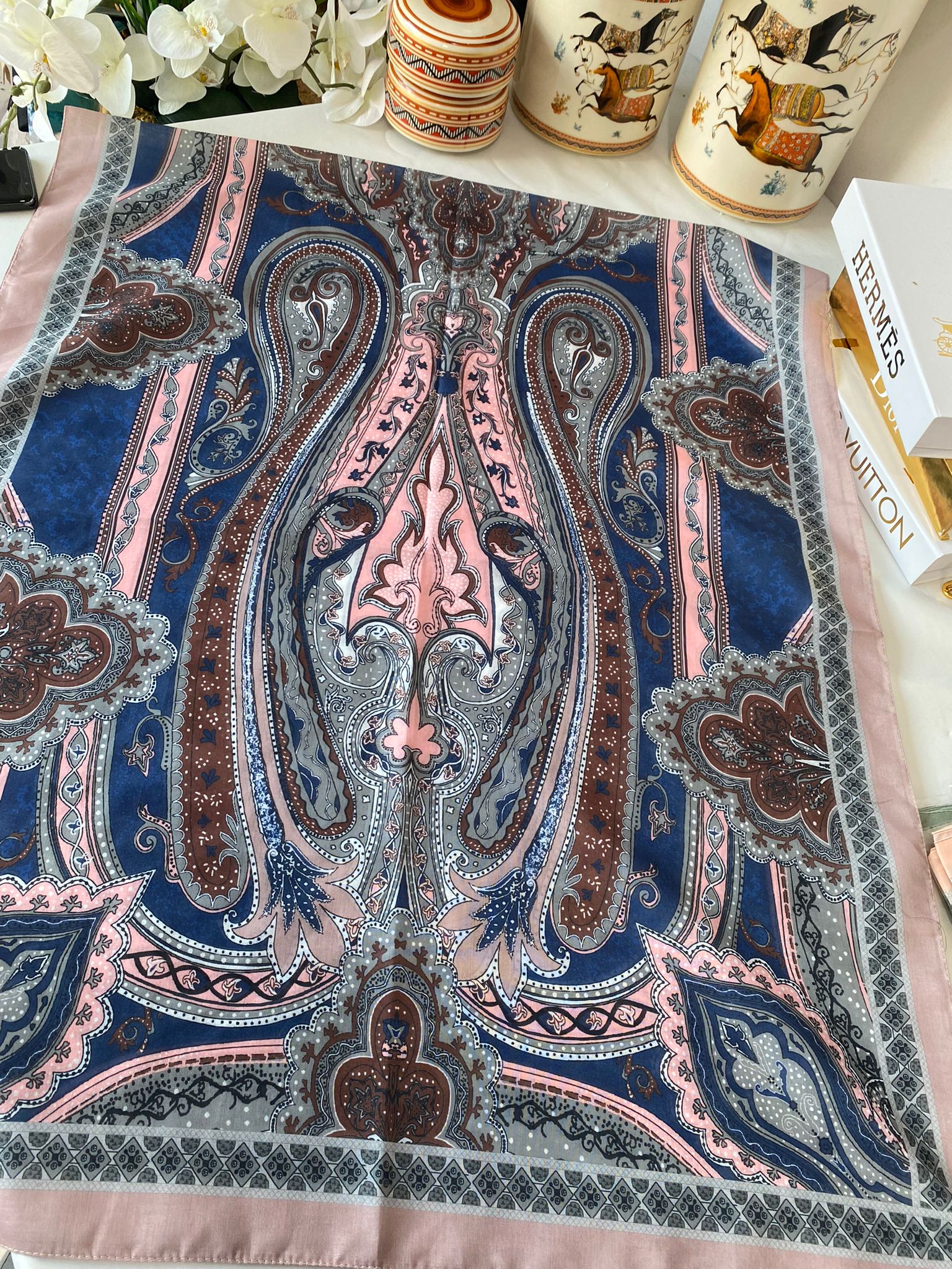 Etnik desen pamuk soft şal-321654 LACİVERT/PUDRA