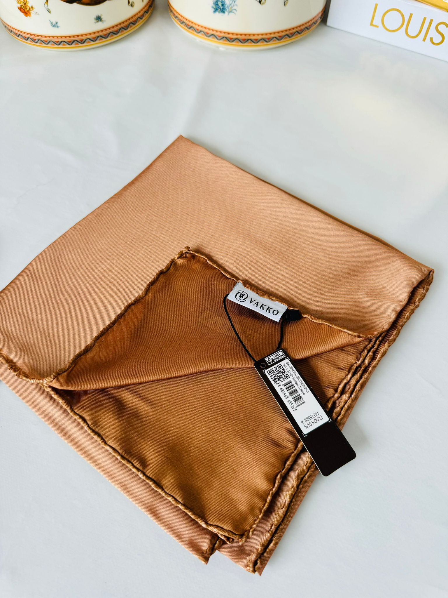 Vakko Çift Taraflı 12 mm %100 İpek Eşarp 10044 - Karamel/ Taba