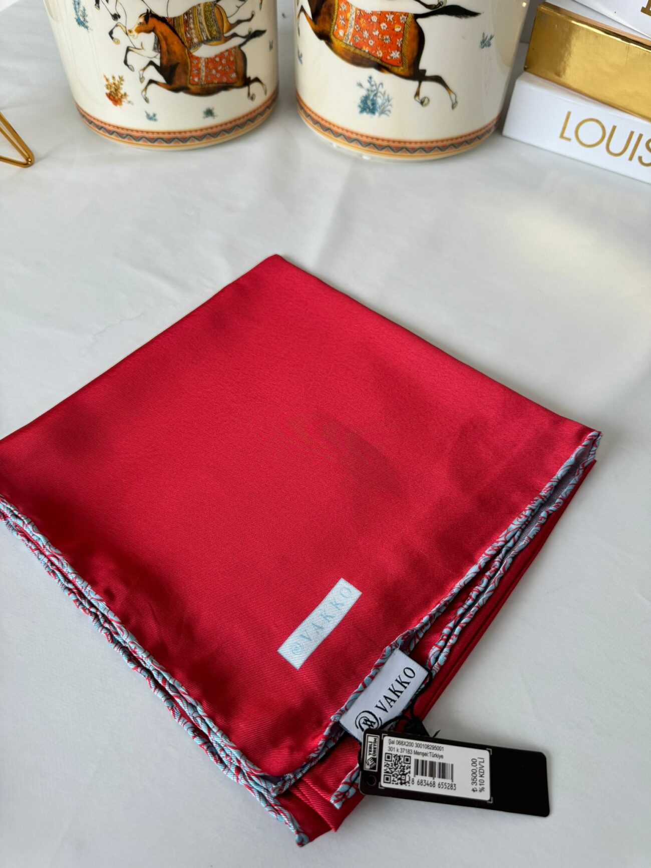Vakko Çift Taraflı 12 mm %100 İpek Eşarp 10044 - Kırmızı/ Gri - Görsel 2