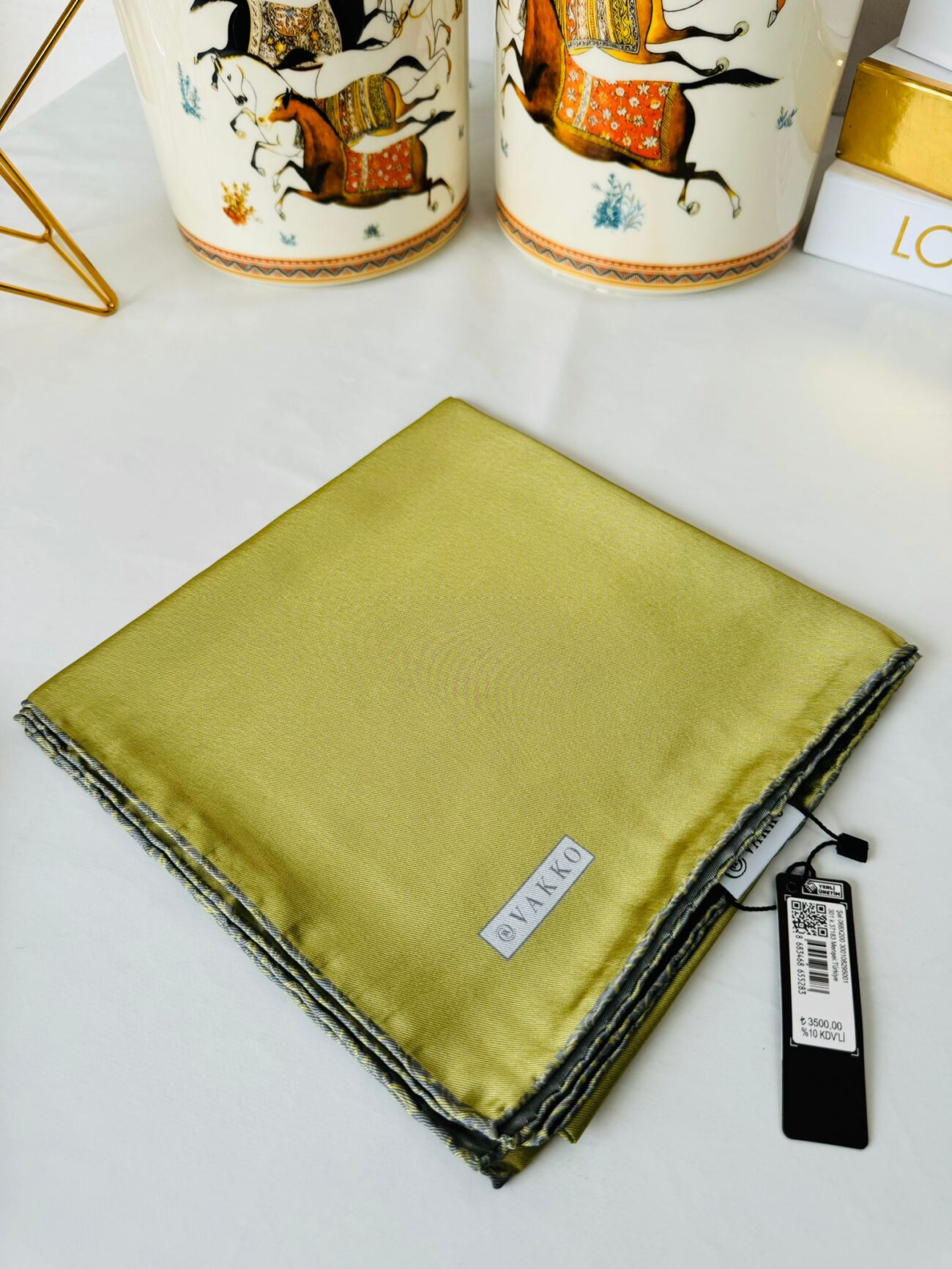 Vakko Çift Taraflı 12 mm %100 İpek Eşarp 10044 - Yağ Yeşili/ Füme - Görsel 2