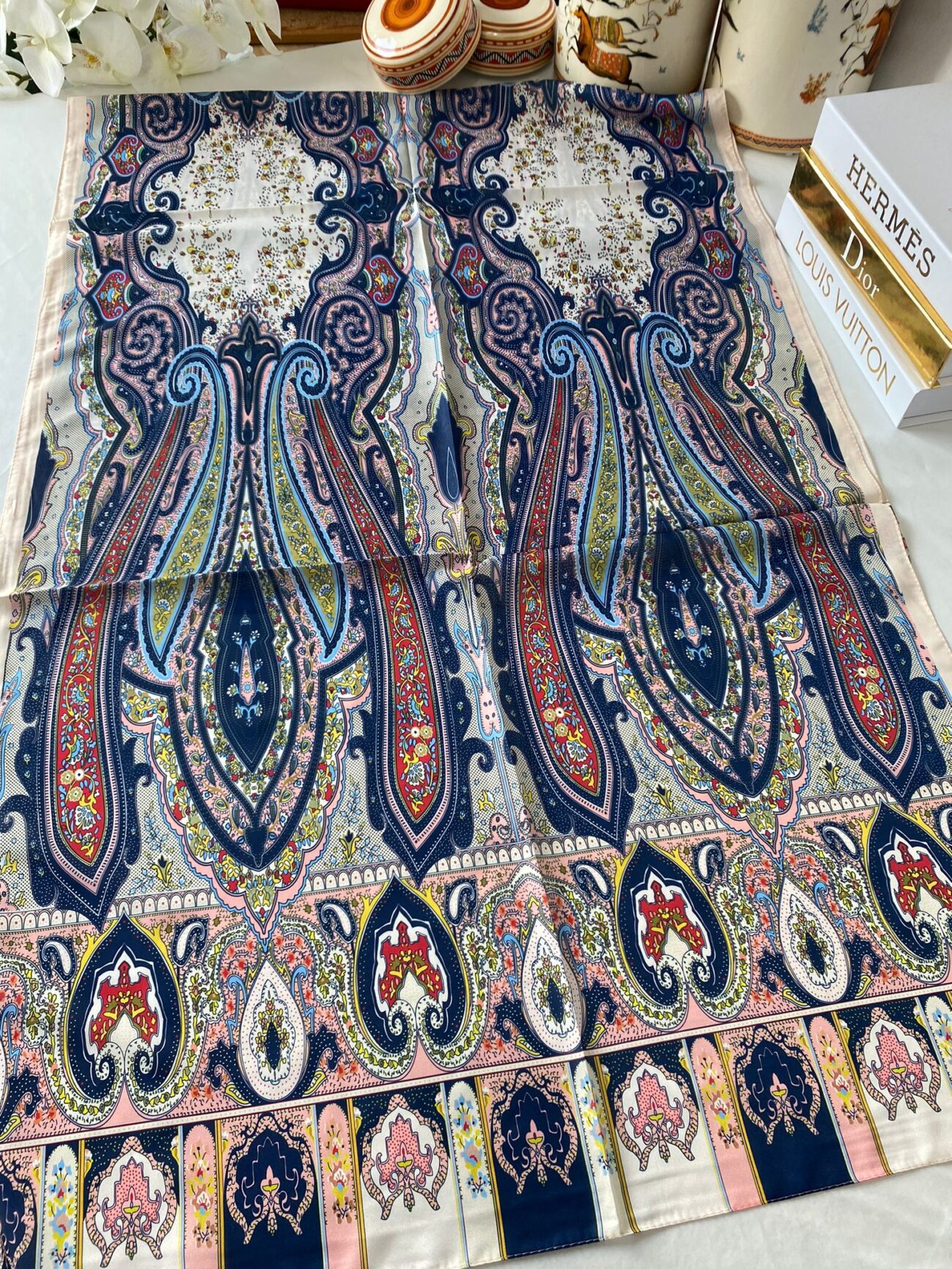 ETRO KAYMAYAN VUAL İPEK ŞAL 025025 - somon/lacivert - Görsel 3