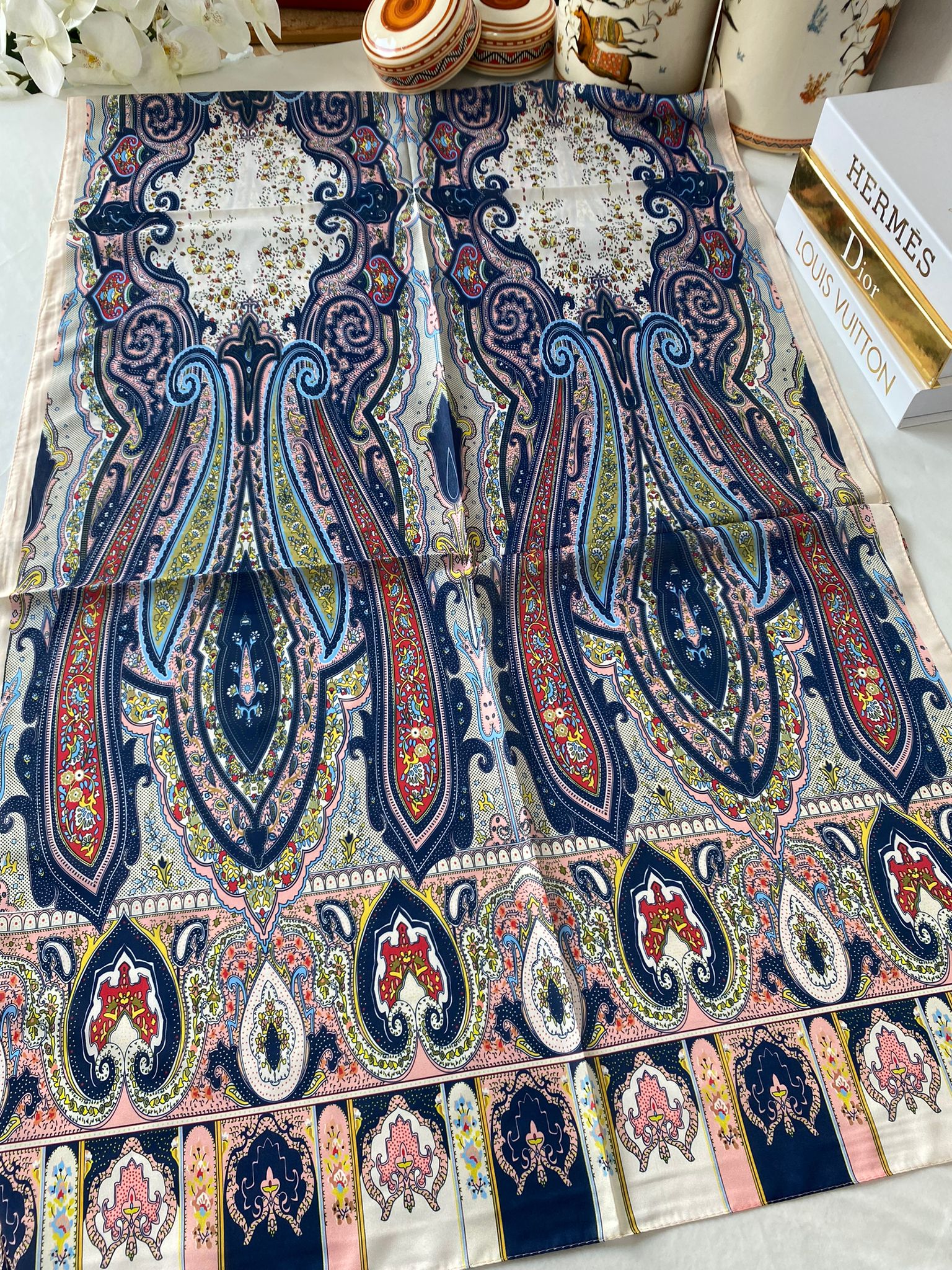 ETRO KAYMAYAN VUAL İPEK ŞAL  025025 - somon/lacivert - Görsel 3