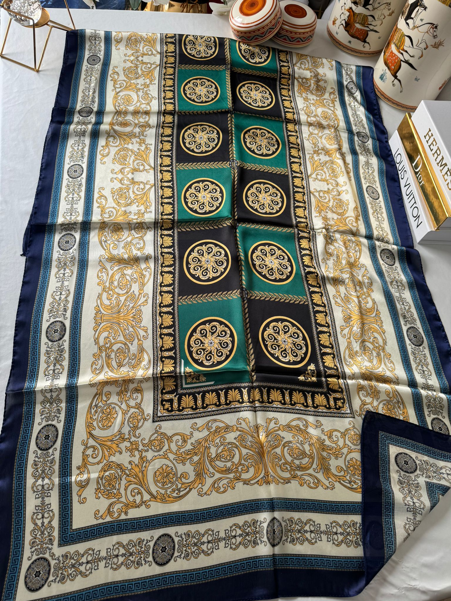 VERSACE İTHAL VUAL %100 İPEK ŞAL -78963 zümrüt - Görsel 2