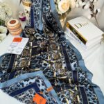 Hermes Leopar Çift Taradlı Vual İpek Şal 11143 - mavi