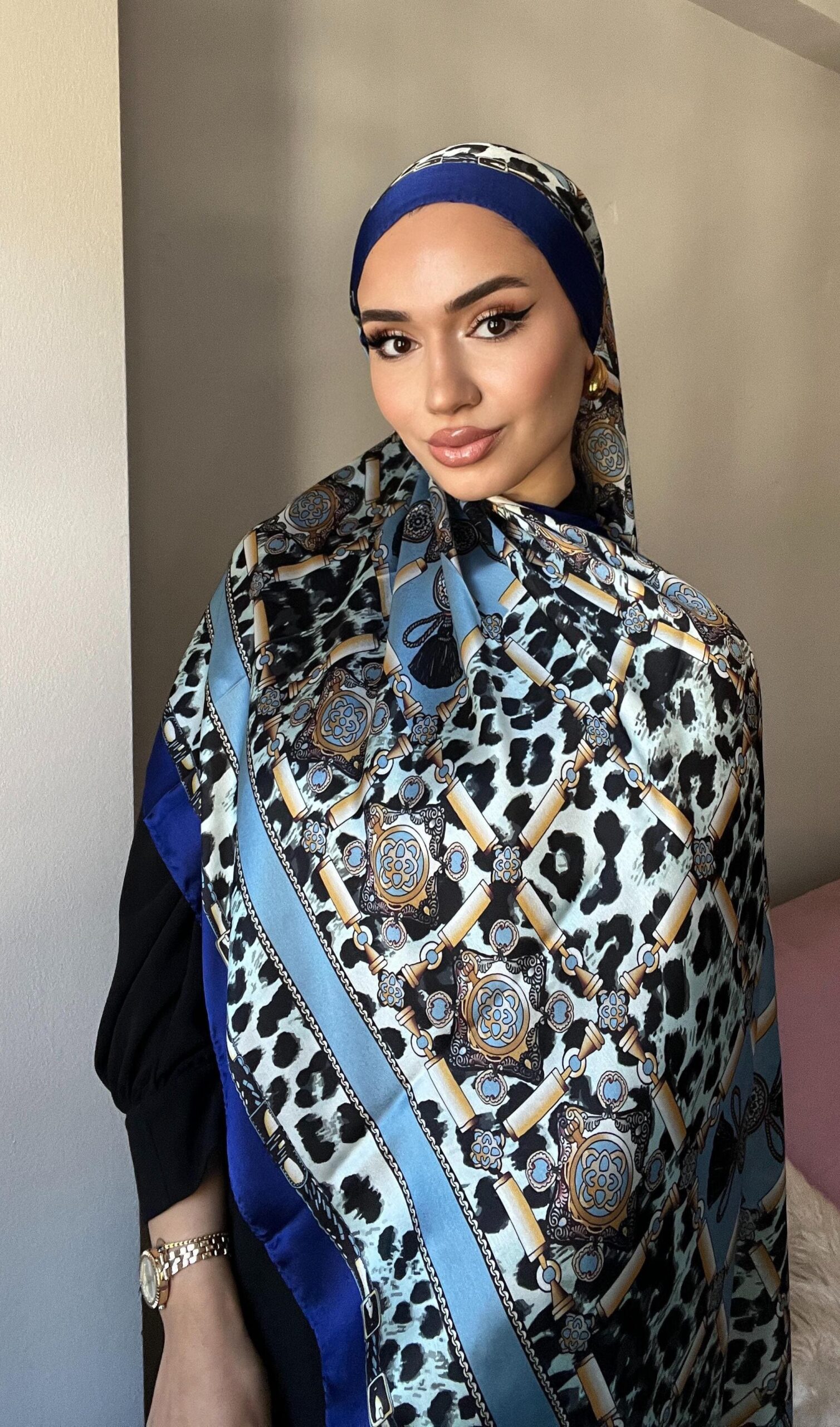 Hermes Leopar Çift Taradlı Vual İpek Şal 11143 - saks