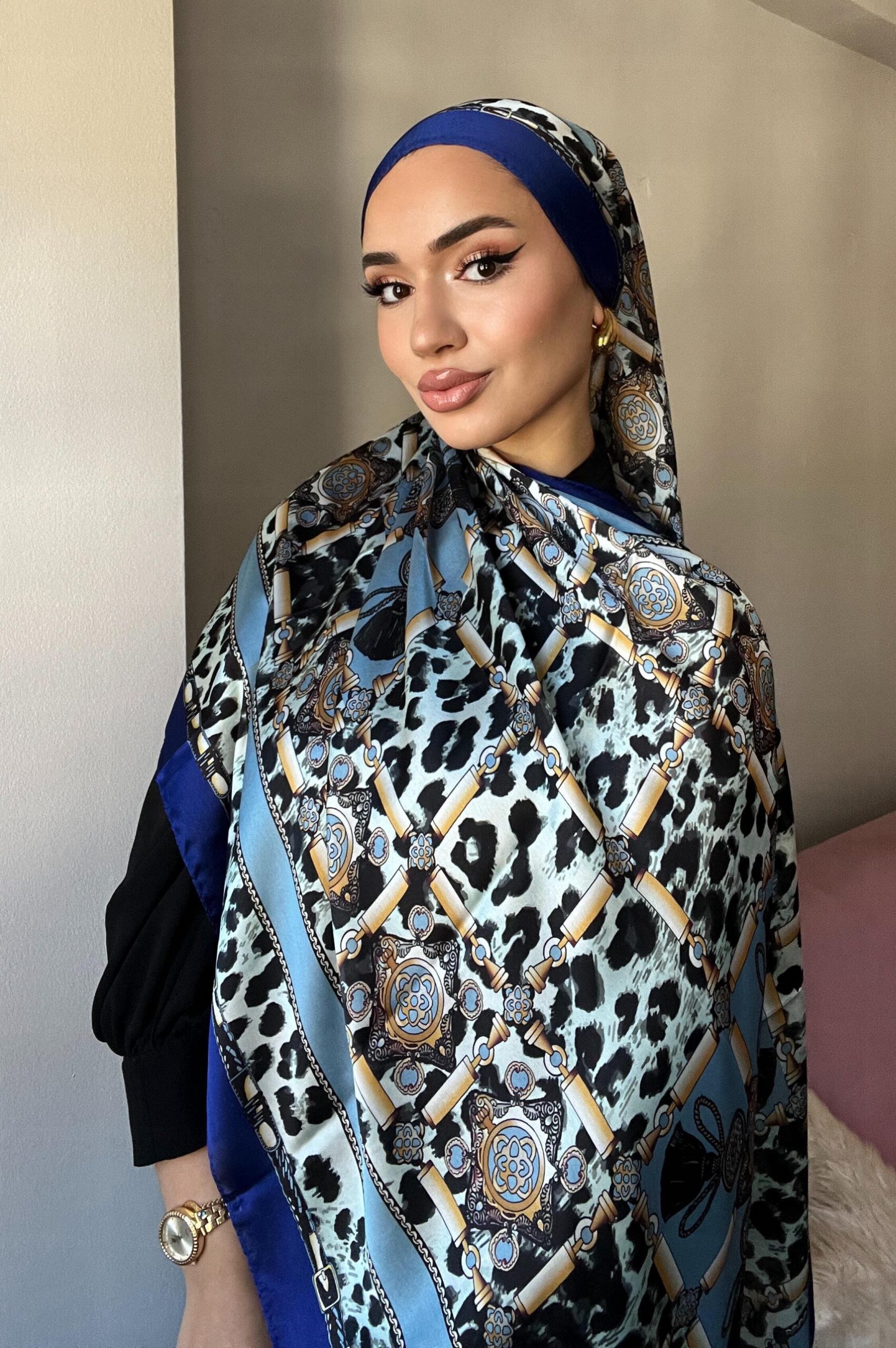 Hermes Leopar Çift Taradlı Vual İpek Şal 11143 - saks - Görsel 2