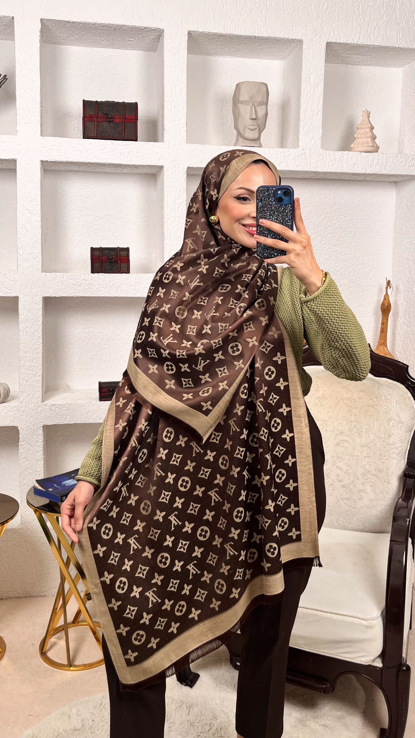 İthal Lv Pamuk Yün İpek Şal 49104 - Kahve