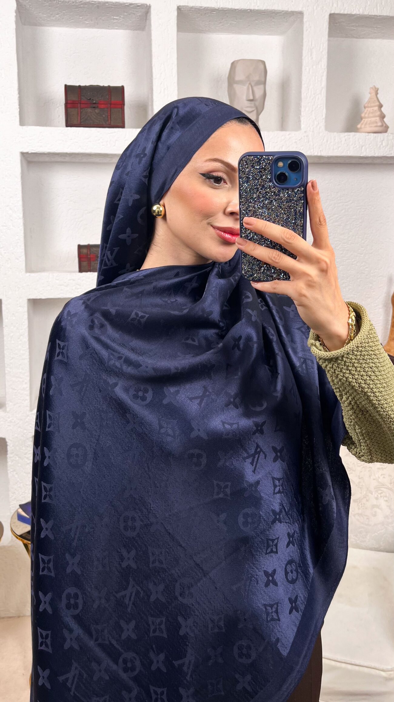 İthal Lv Pamuk Yün İpek Şal 49104 - Lacivert - Görsel 3