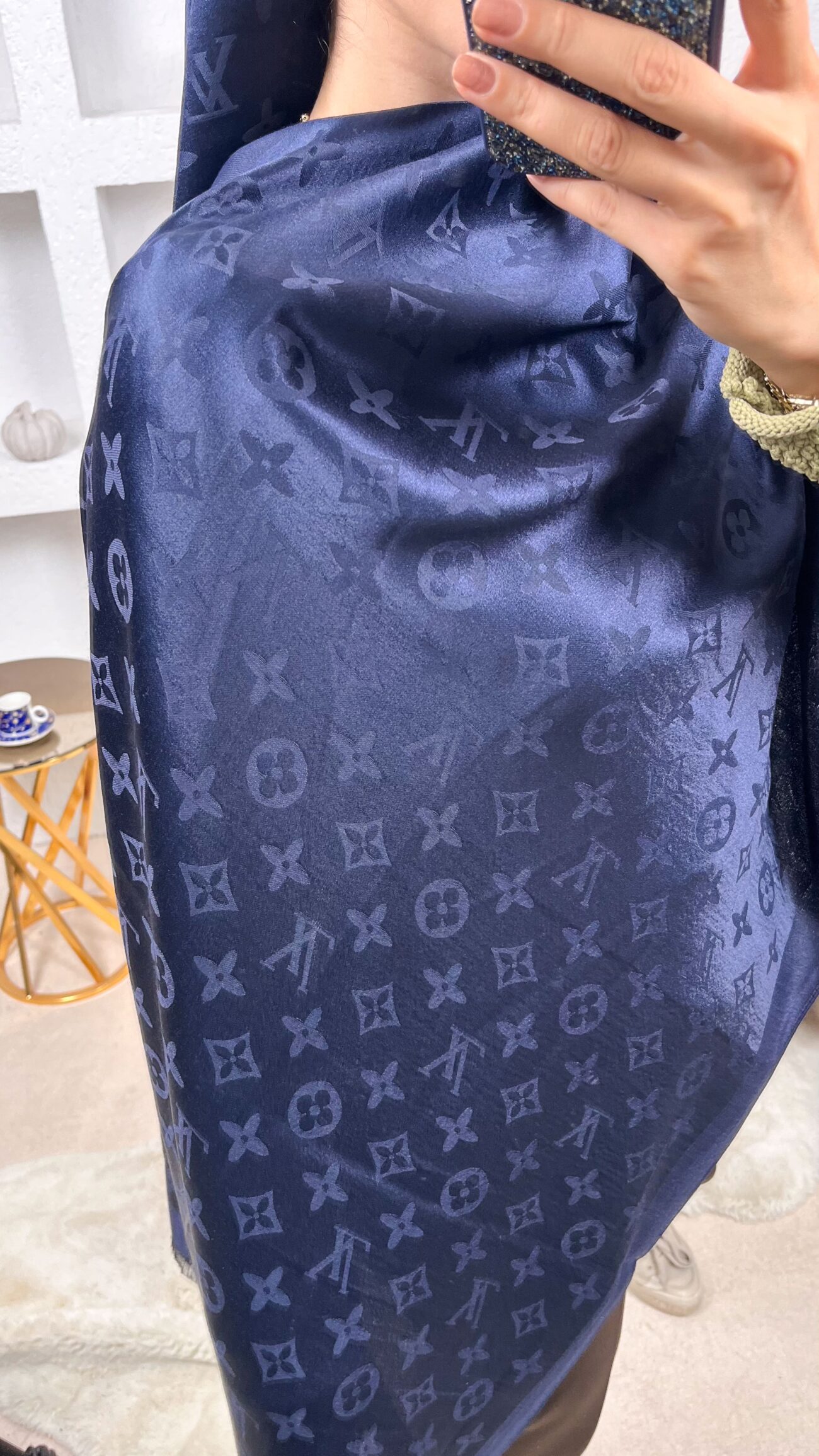 İthal Lv Pamuk Yün İpek Şal 49104 - Lacivert - Görsel 2