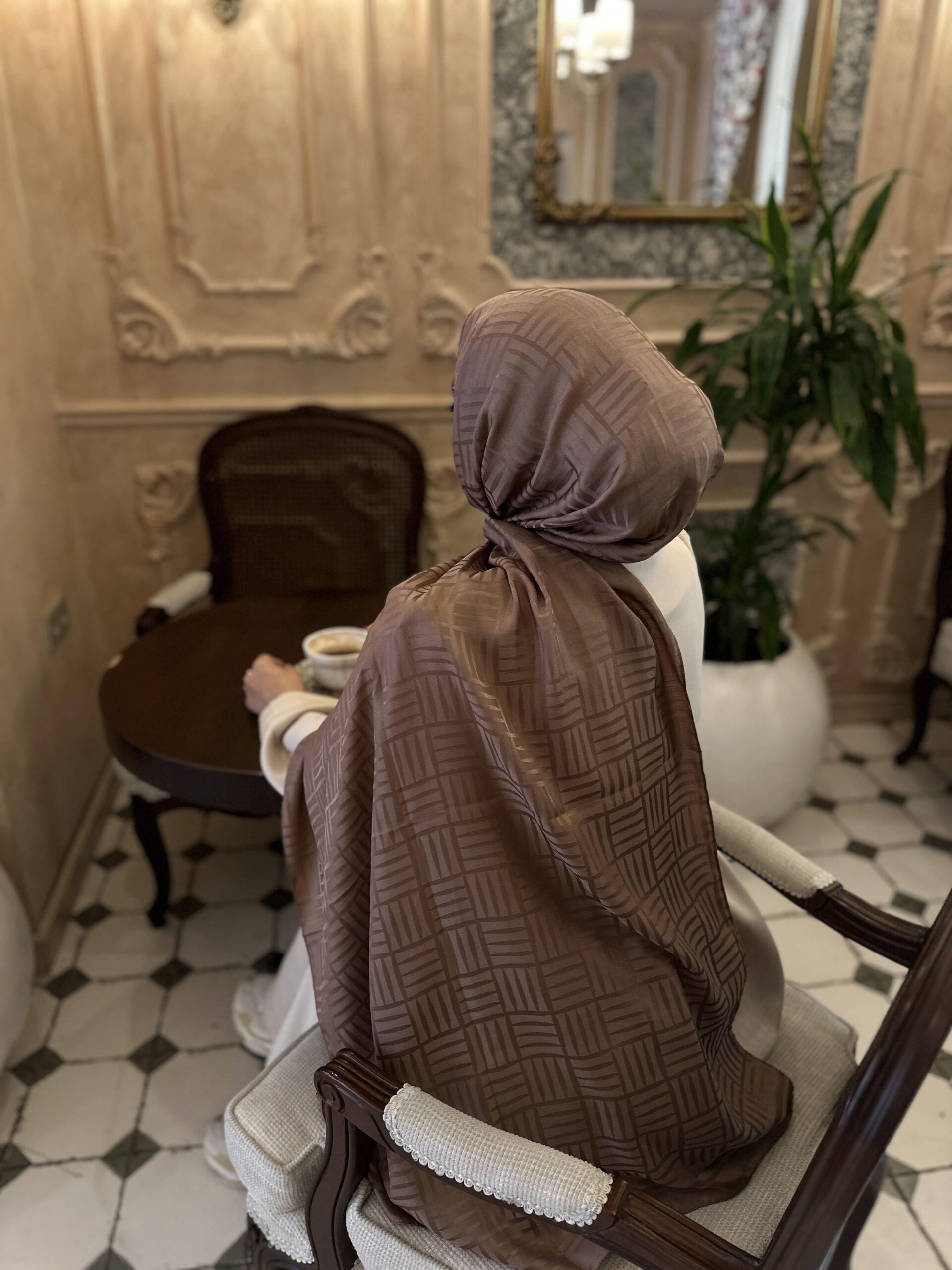 Kibrit Desen İpeksi Jakar Şal - 44511 Mocha