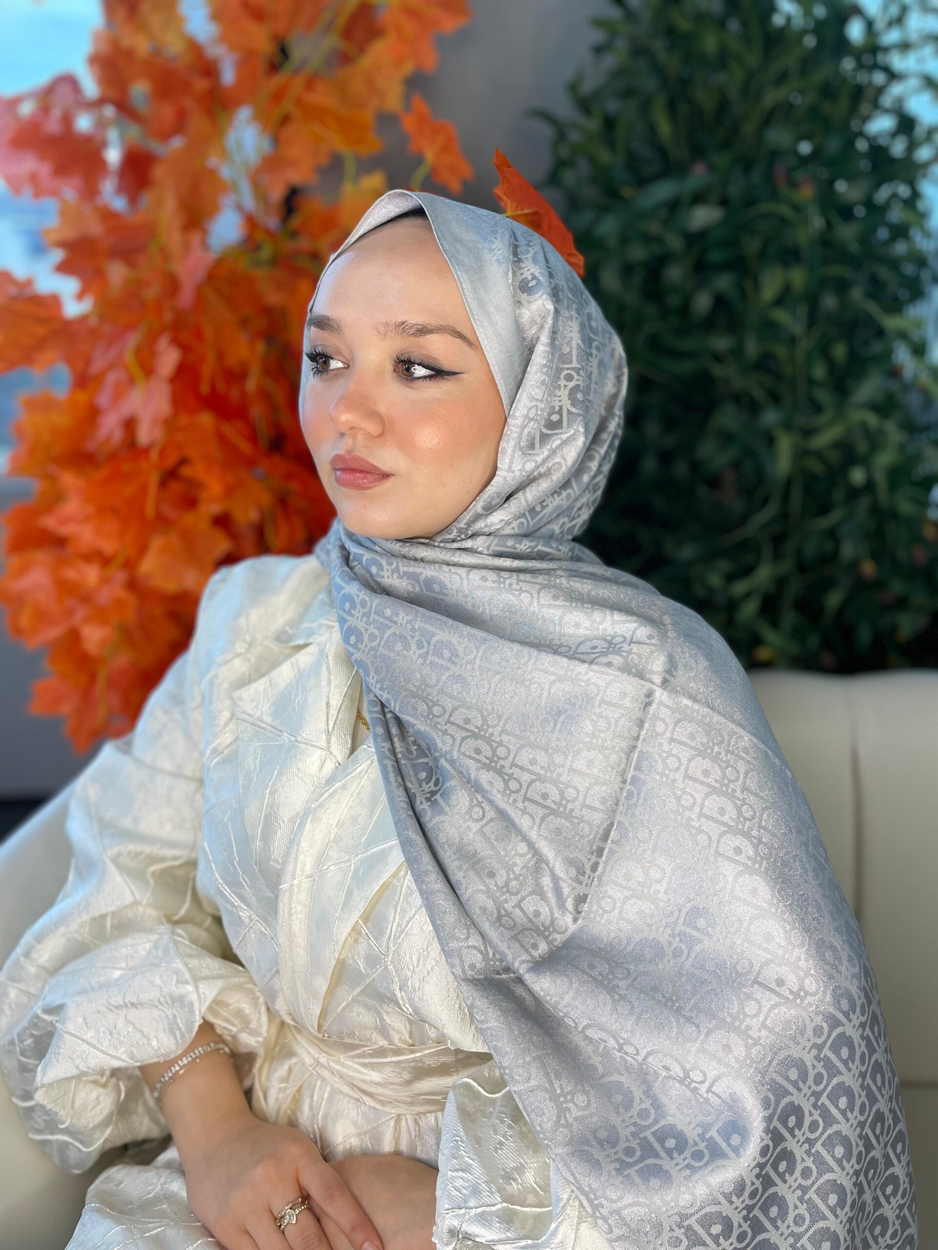 İthal Dior Pamuk Yün İpek Şal 49103 - Gümüş - Görsel 2