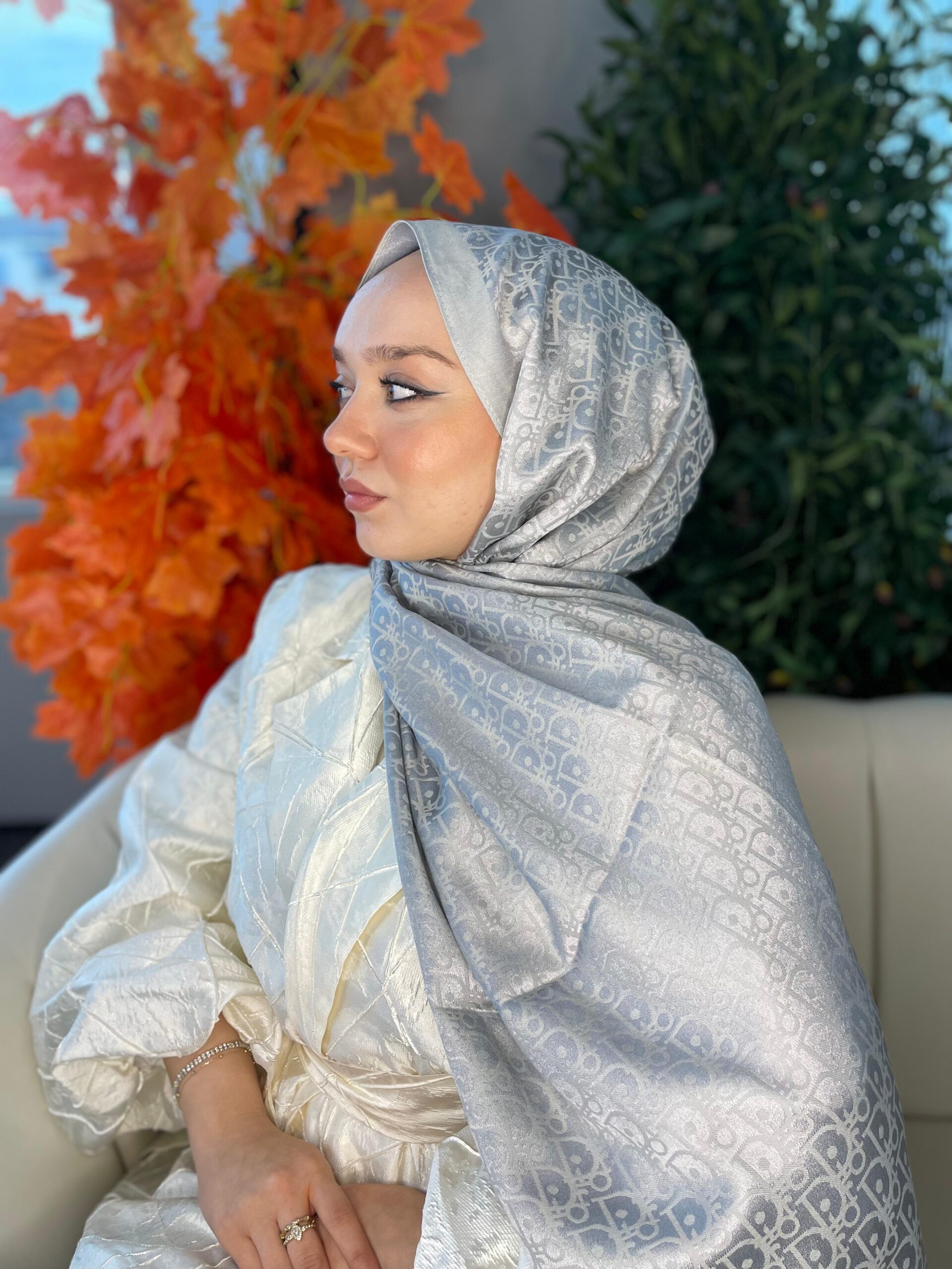 İthal Dior Pamuk Yün İpek Şal 49103 - Gümüş