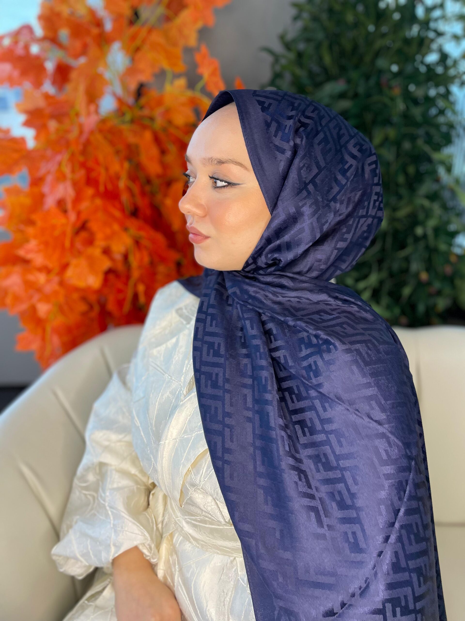 İthal Fendi Kaşmir İpek Şal 49101 - Lacivert