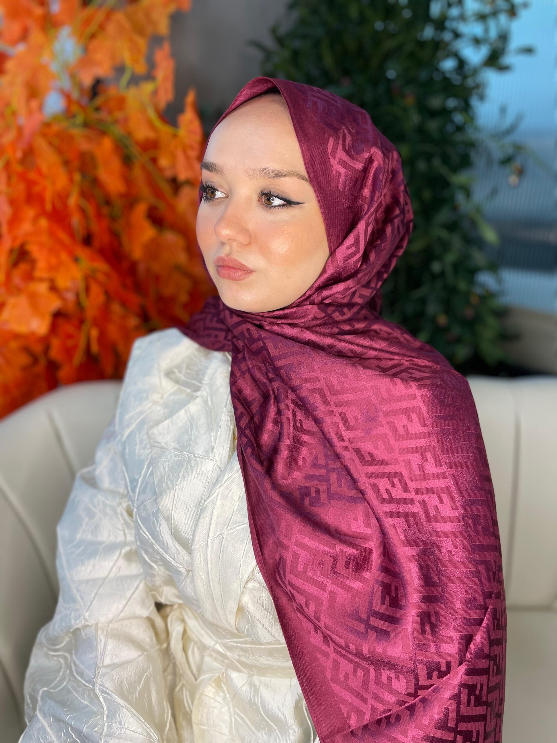 İthal Fendi Pamuk Yün İpek Şal 49101 - Bordo - Görsel 2