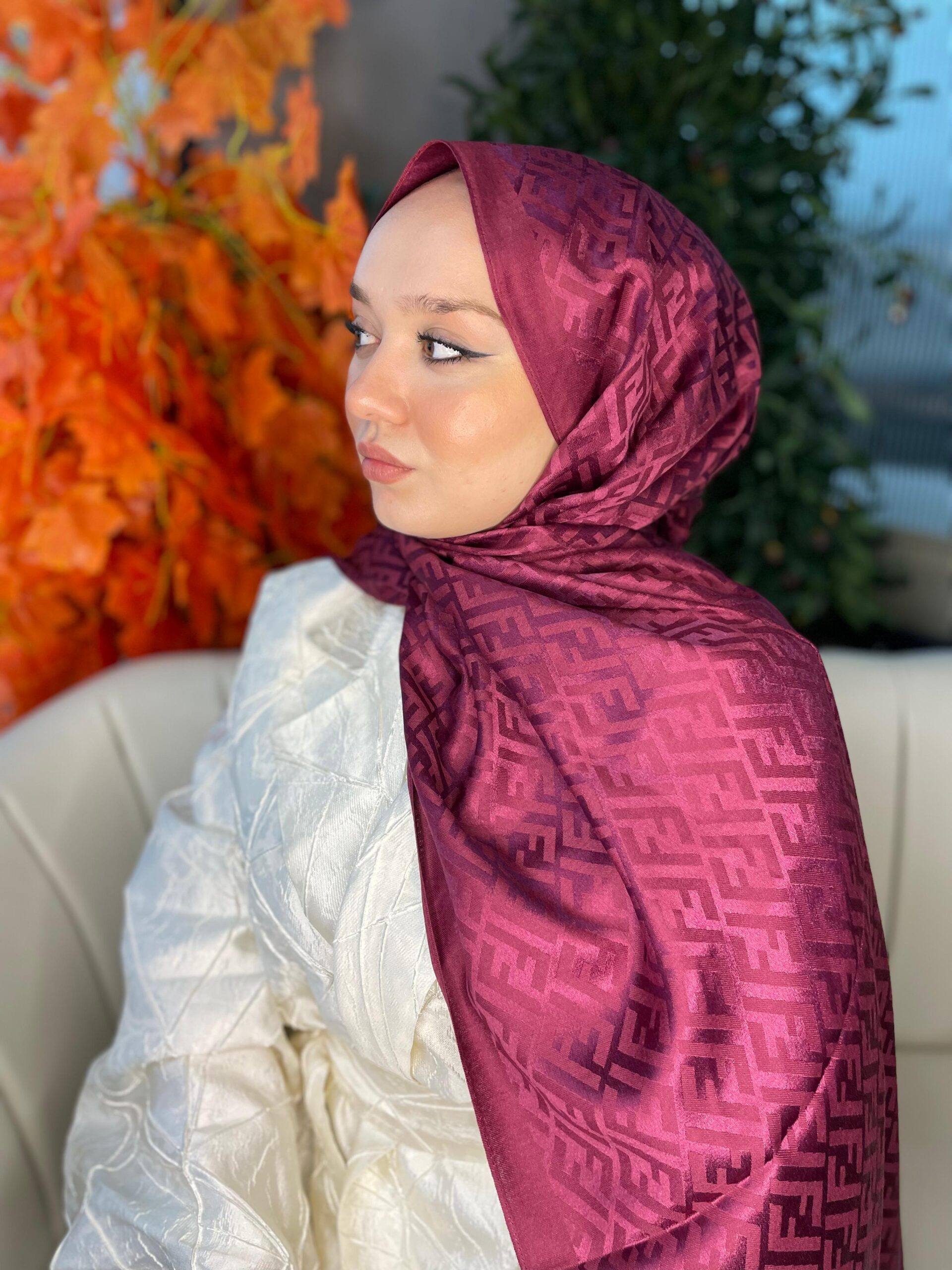 İthal Fendi Pamuk Yün İpek Şal 49101 - Bordo