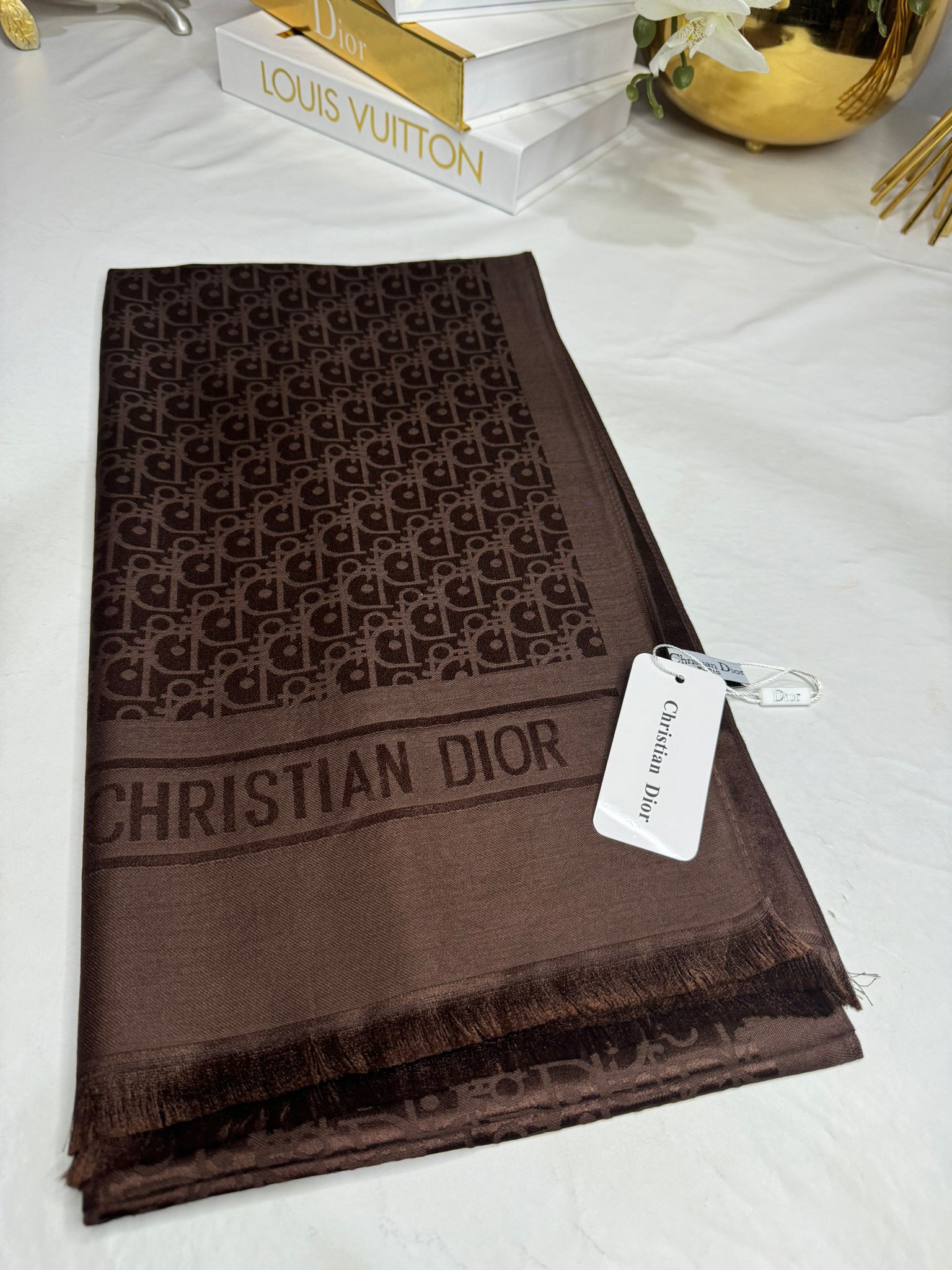 İthal Dior Pamuk Yün İpek Şal 49103 - Acı Kahve - Görsel 3