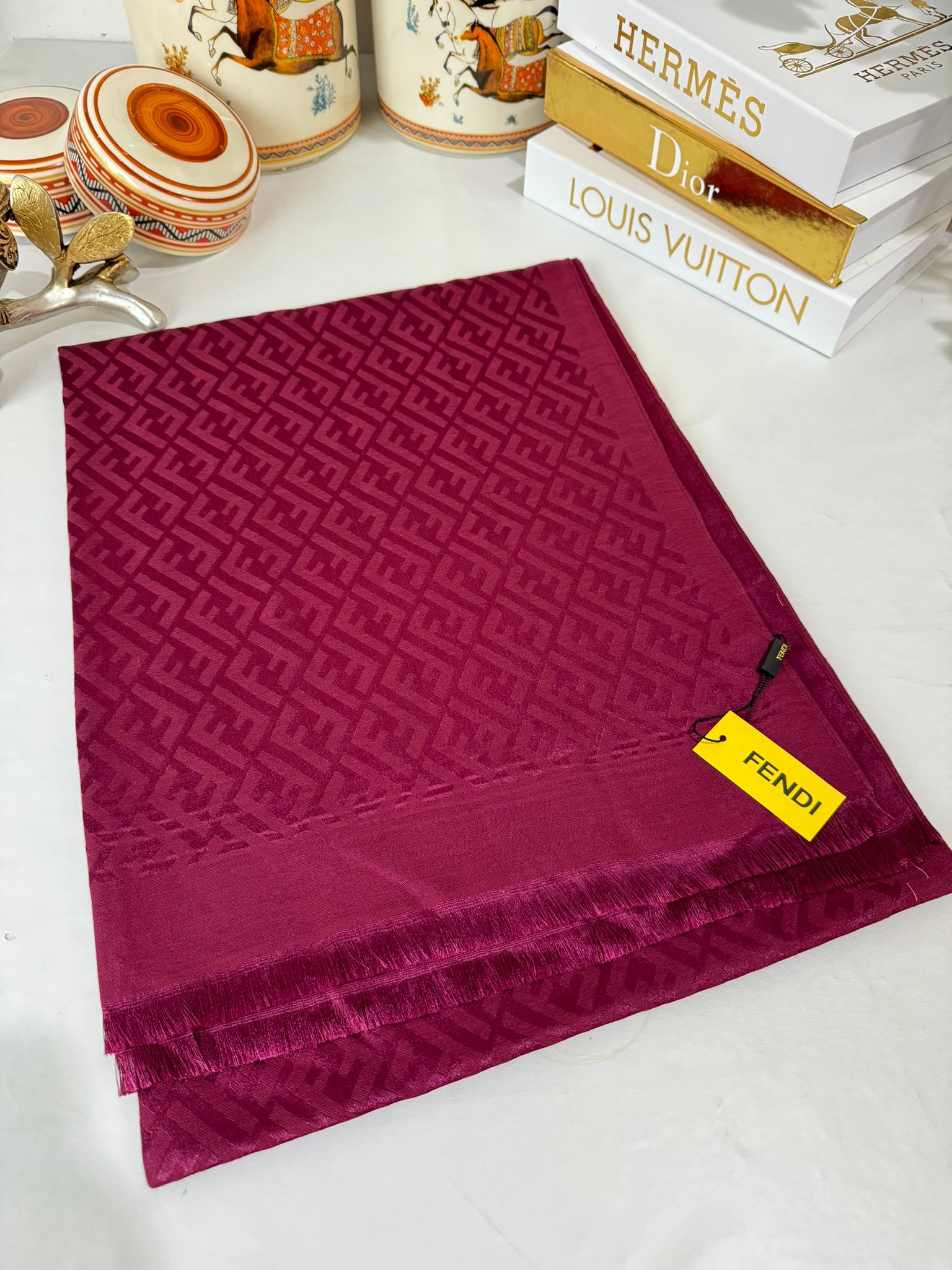 İthal Fendi Pamuk Yün İpek Şal 49101 - Bordo - Görsel 3