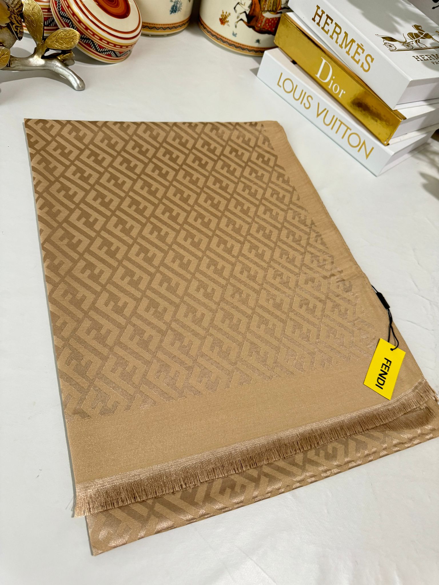 İthal Fendi Pamuk Yün İpek Şal 49101 - Çikolata - Görsel 3