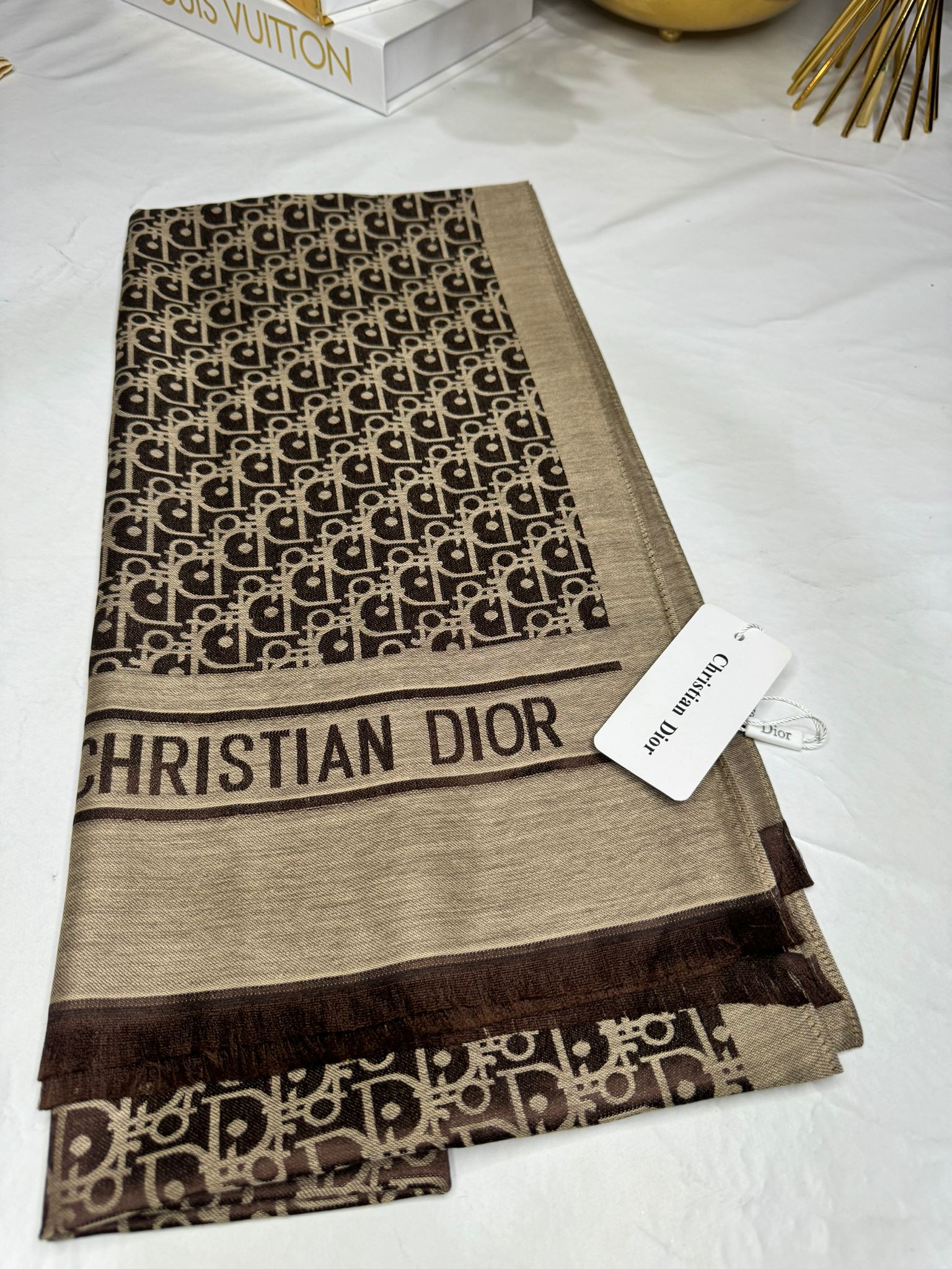 İthal Dior Kaşmir İpek Şal 49103 - Kahve - Görsel 3