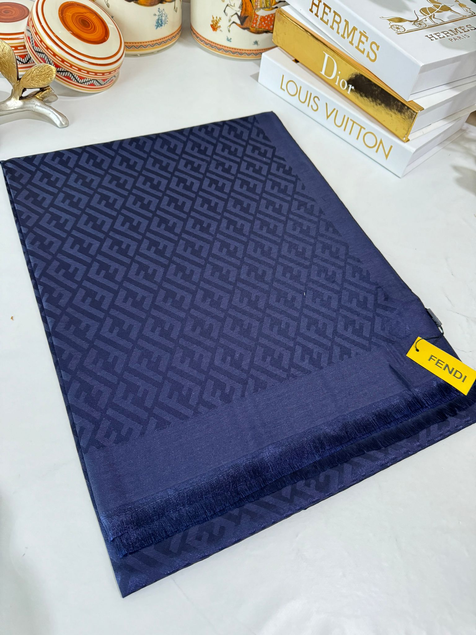 İthal Fendi Kaşmir İpek Şal 49101 - Lacivert - Görsel 3