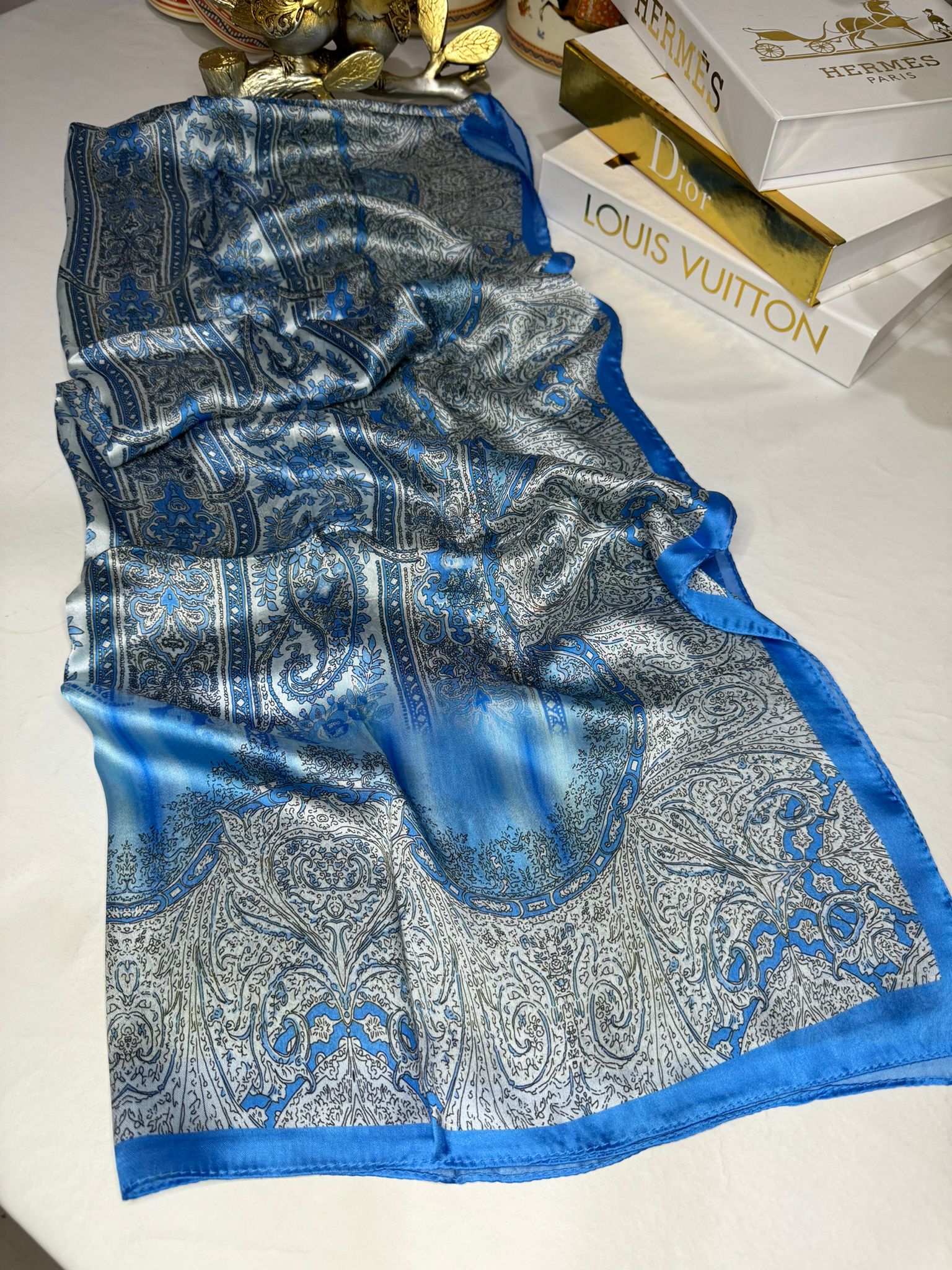 Etro Marka Yeni Sezon İthal Etnik Desen Vual İpek Şal - Bebe Mavisi