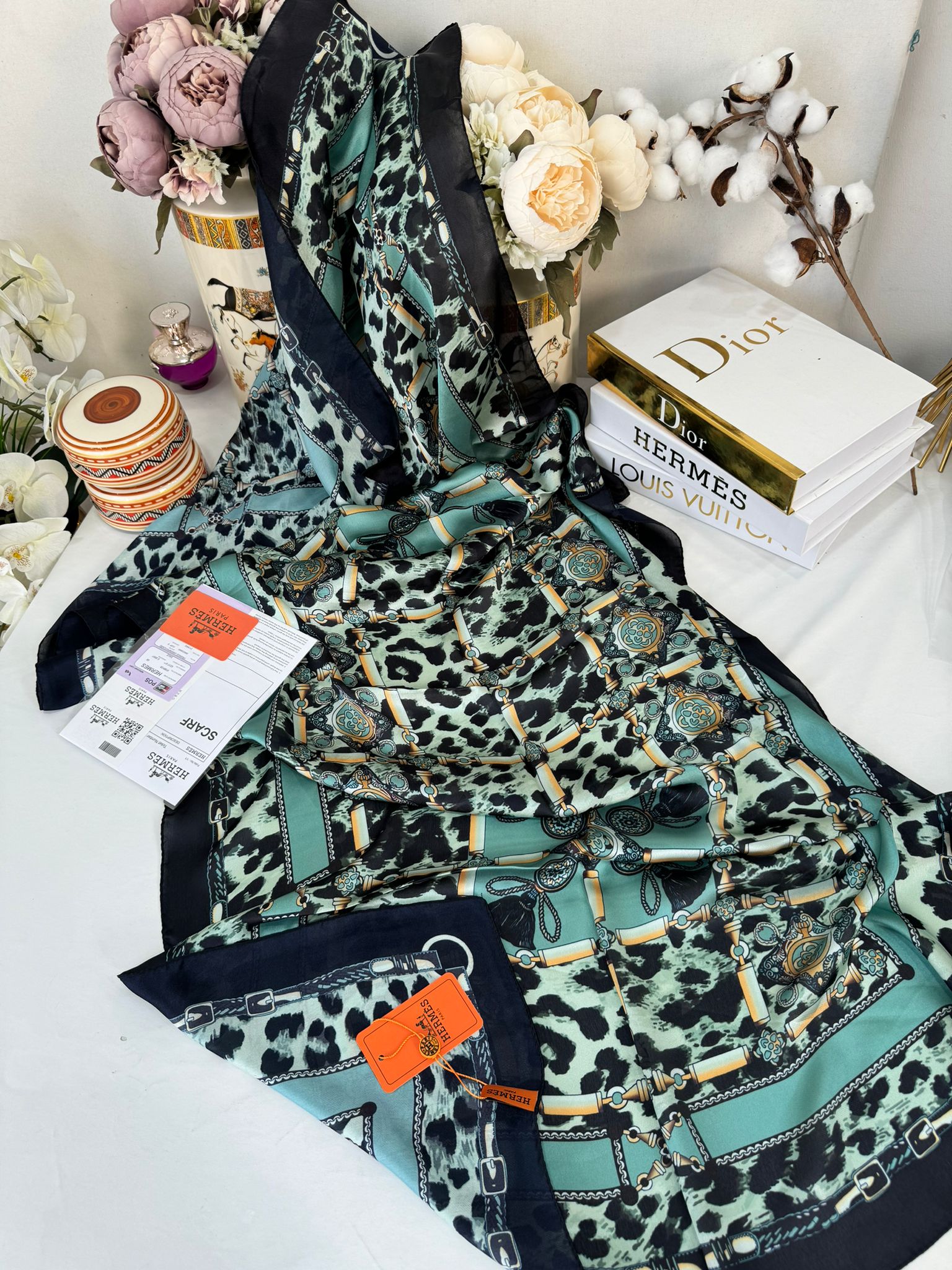 Hermes Leopar Çift Taradlı Vual İpek Şal 11143 - Mint - Görsel 3