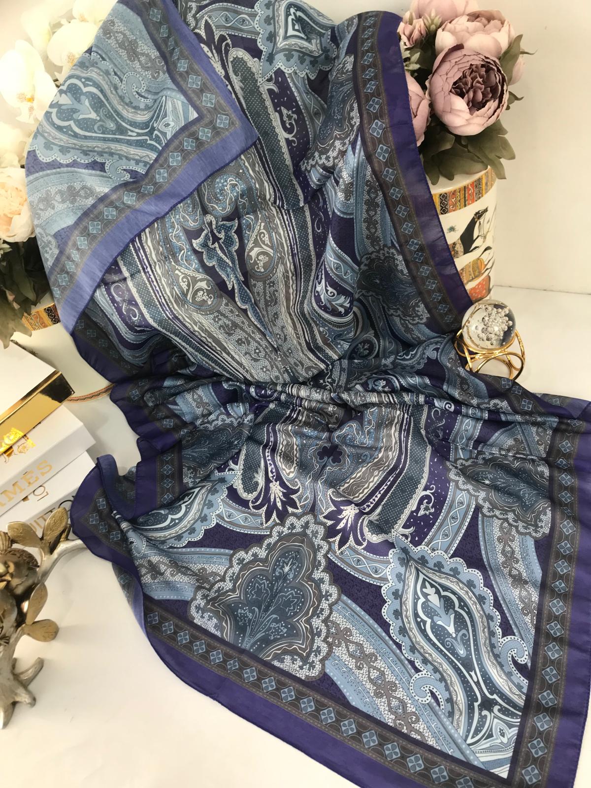 Etro Pamuk İpek Şal -987654 Lacivert turkuaz