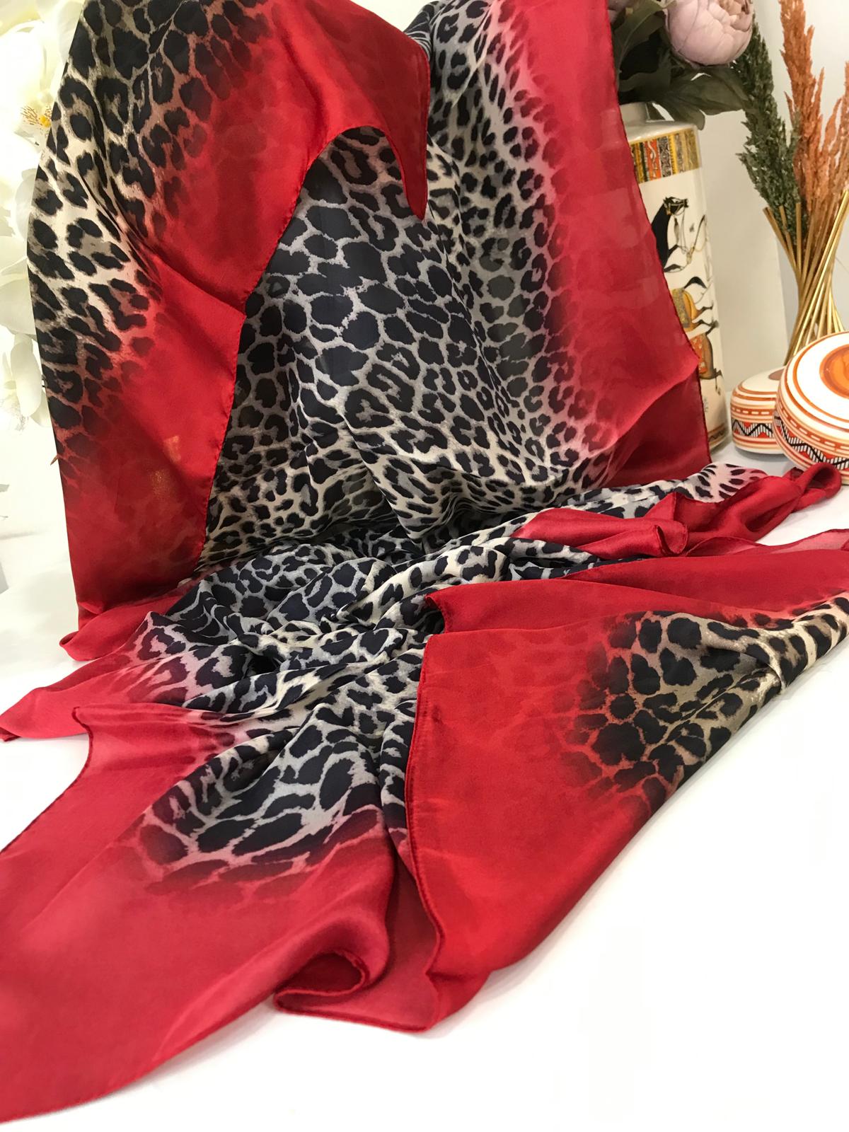 İthal Jaguar Desenli Çifttaraflı Vual İpek Şal-34014 Bordo - Görsel 2