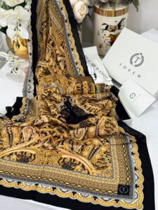 Touch İthal Etnik Desen Pamuk İpek Şal 63460- Vizon-Siyah